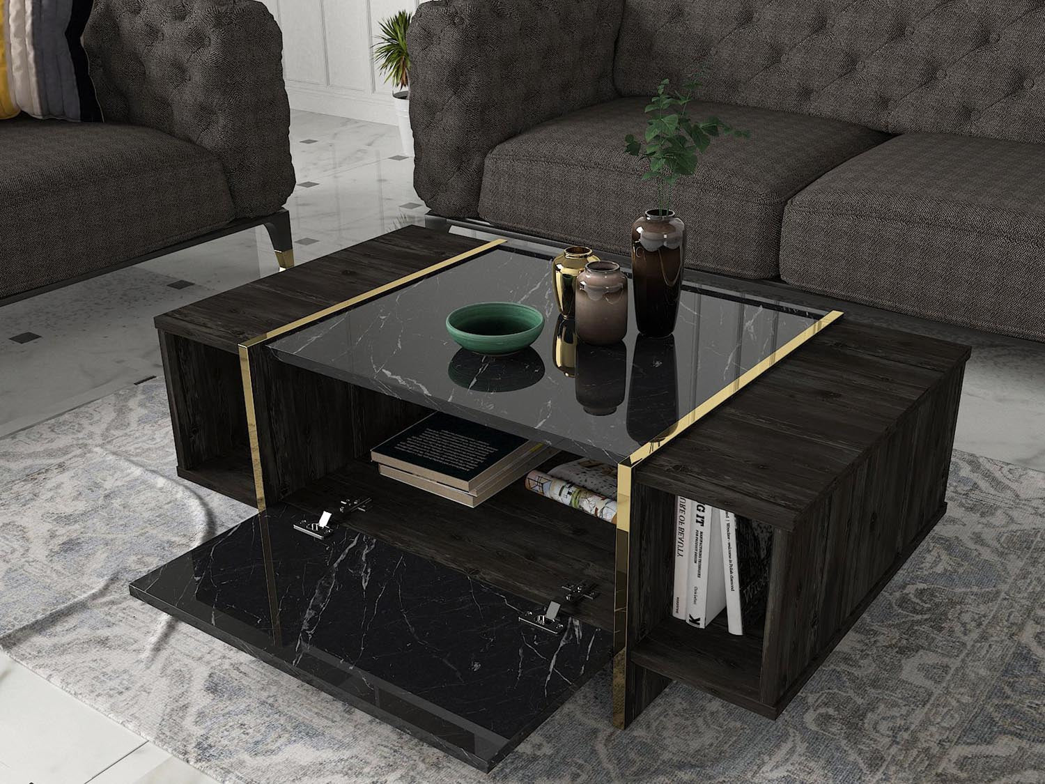 Veyron - Black, Gold in Schwarz Gold präsentiert im Onlineshop von KAQTU Design AG. Beistelltisch ist von Hanah Home