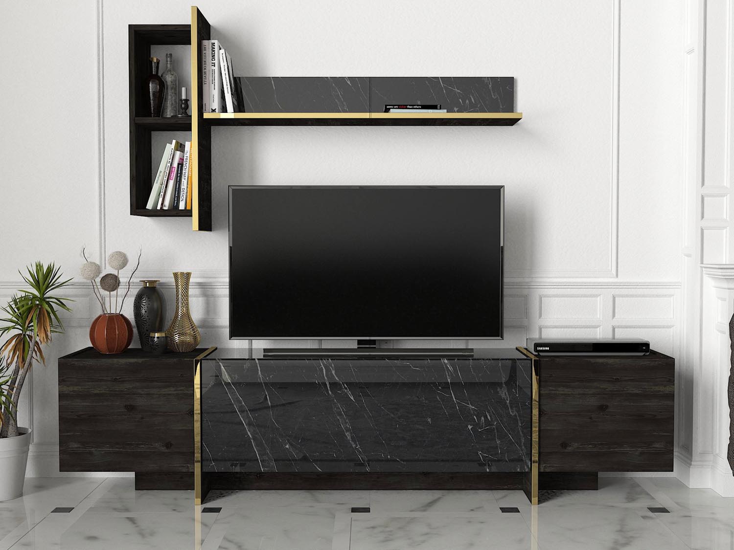 Veyron - Black, Gold in Schwarz Gold präsentiert im Onlineshop von KAQTU Design AG. TV-Möbel ist von Hanah Home