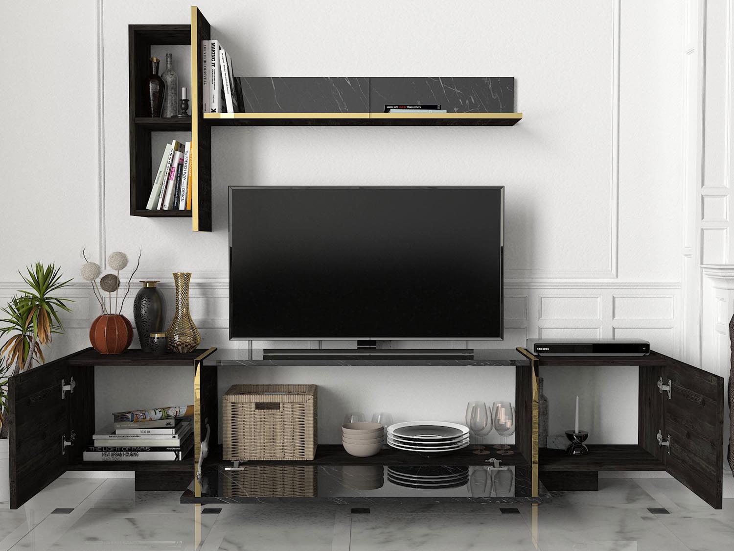 Veyron - Black, Gold in Schwarz Gold präsentiert im Onlineshop von KAQTU Design AG. TV-Möbel ist von Hanah Home