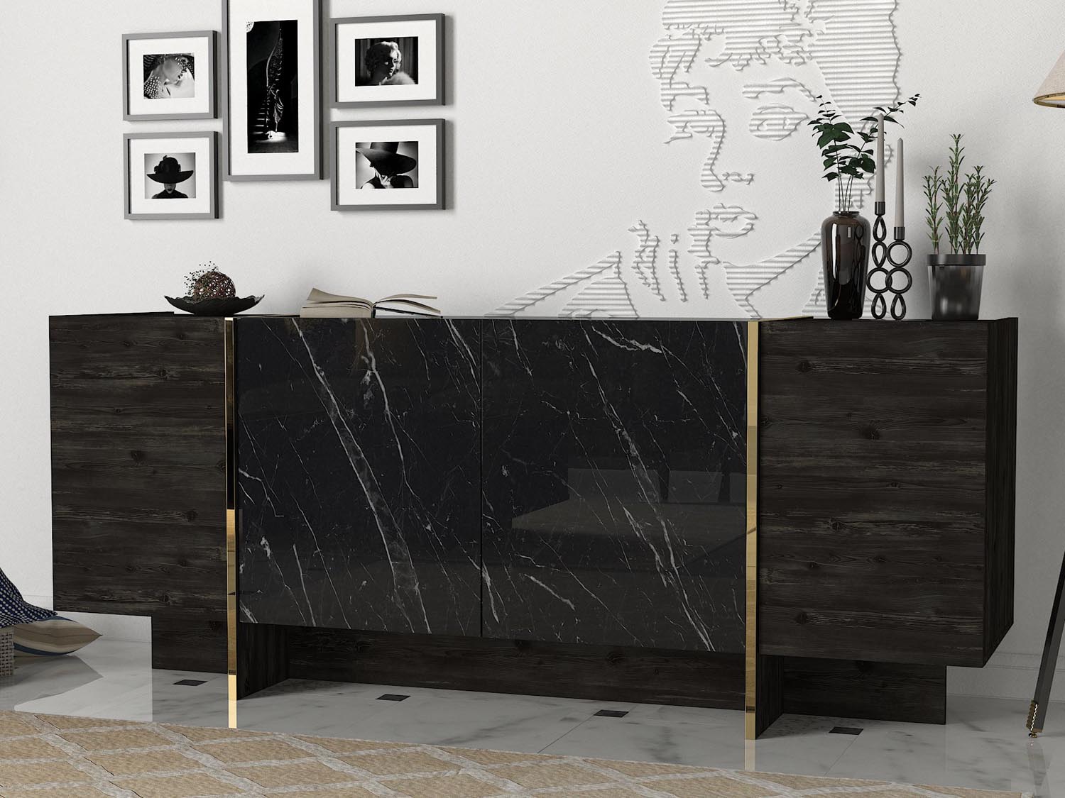 Veyron - Black, Gold in Schwarz Gold präsentiert im Onlineshop von KAQTU Design AG. High-Sideboard ist von Hanah Home