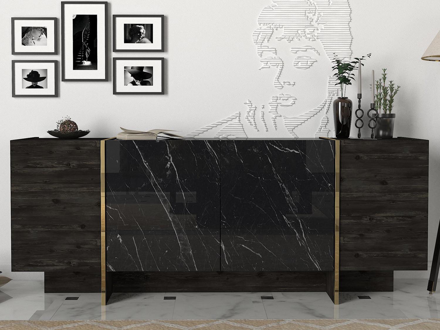 Veyron - Black, Gold in Schwarz Gold präsentiert im Onlineshop von KAQTU Design AG. High-Sideboard ist von Hanah Home