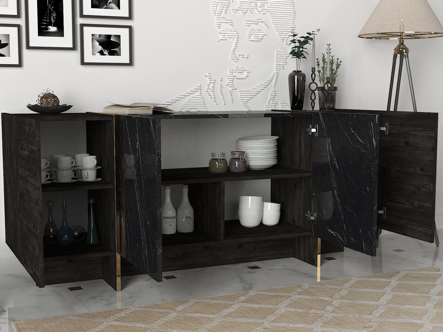 Veyron - Black, Gold in Schwarz Gold präsentiert im Onlineshop von KAQTU Design AG. High-Sideboard ist von Hanah Home