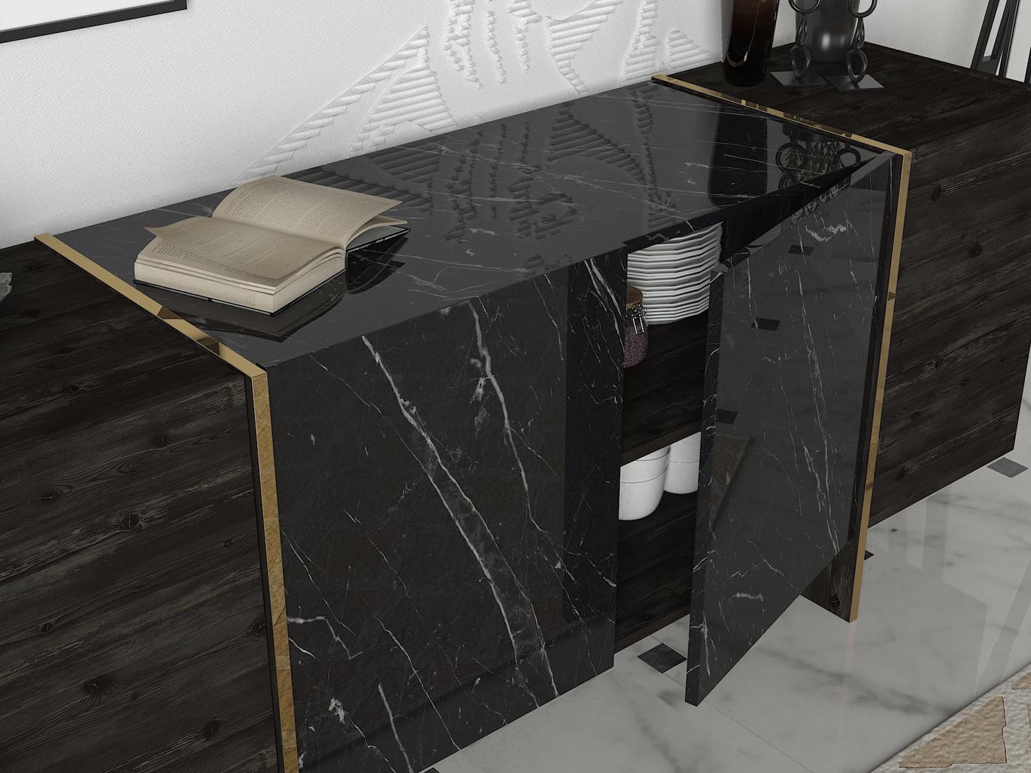 Veyron - Black, Gold in Schwarz Gold präsentiert im Onlineshop von KAQTU Design AG. High-Sideboard ist von Hanah Home