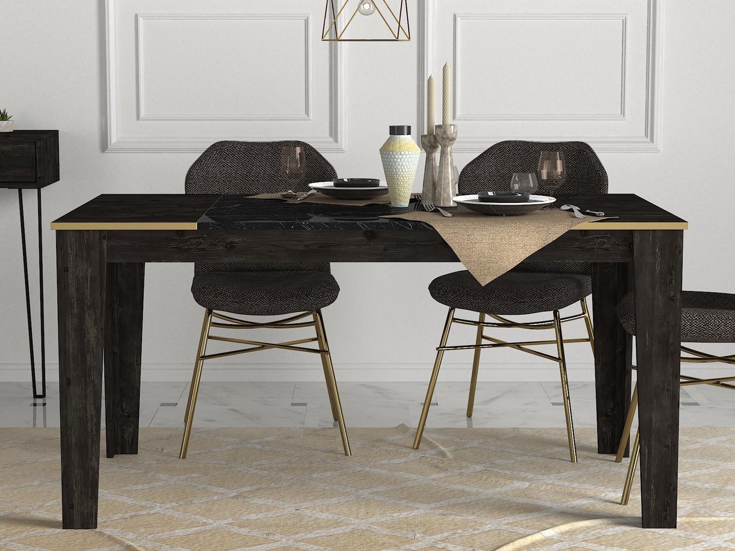 Erleben Sie den Veyron Esstisch von Hanah Home – ein elegantes, vielseitiges Möbelstück in Schwarz und Gold, das jeden Raum aufwertet.