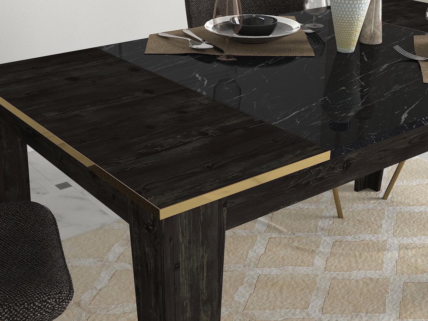 Entdecken Sie den Veyron Esstisch von Hanah Home – ein stilvolles, multifunktionales Möbelstück in edlem Schwarz und Gold, das Eleganz und Funktionalität vereint.