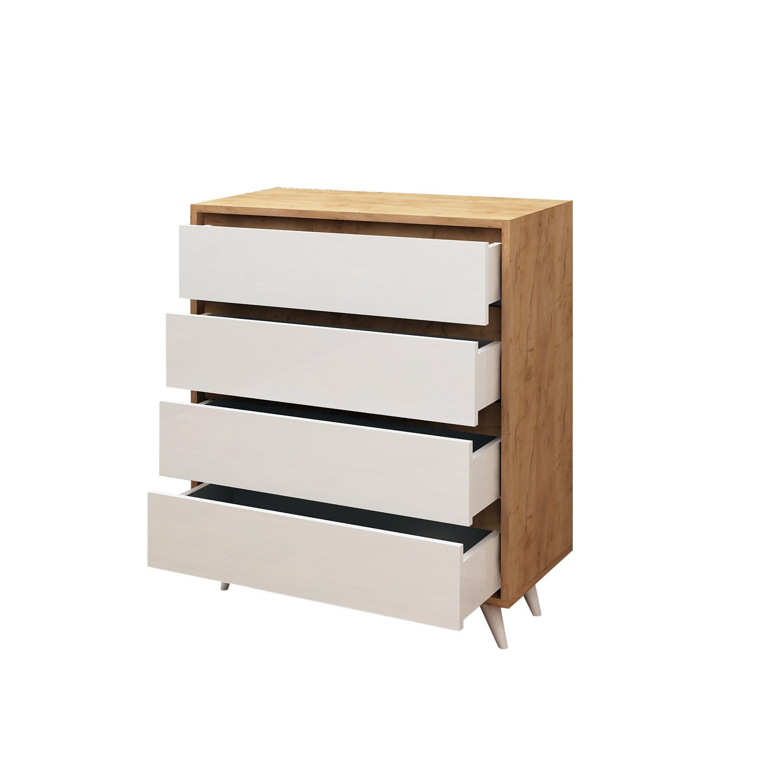Entdecken Sie die Suvera Kommode in Eiche Weiß von Hanah Home – die perfekte Kombination aus modernem Design und praktischem Stauraum für Ihr Schlafzimmer!