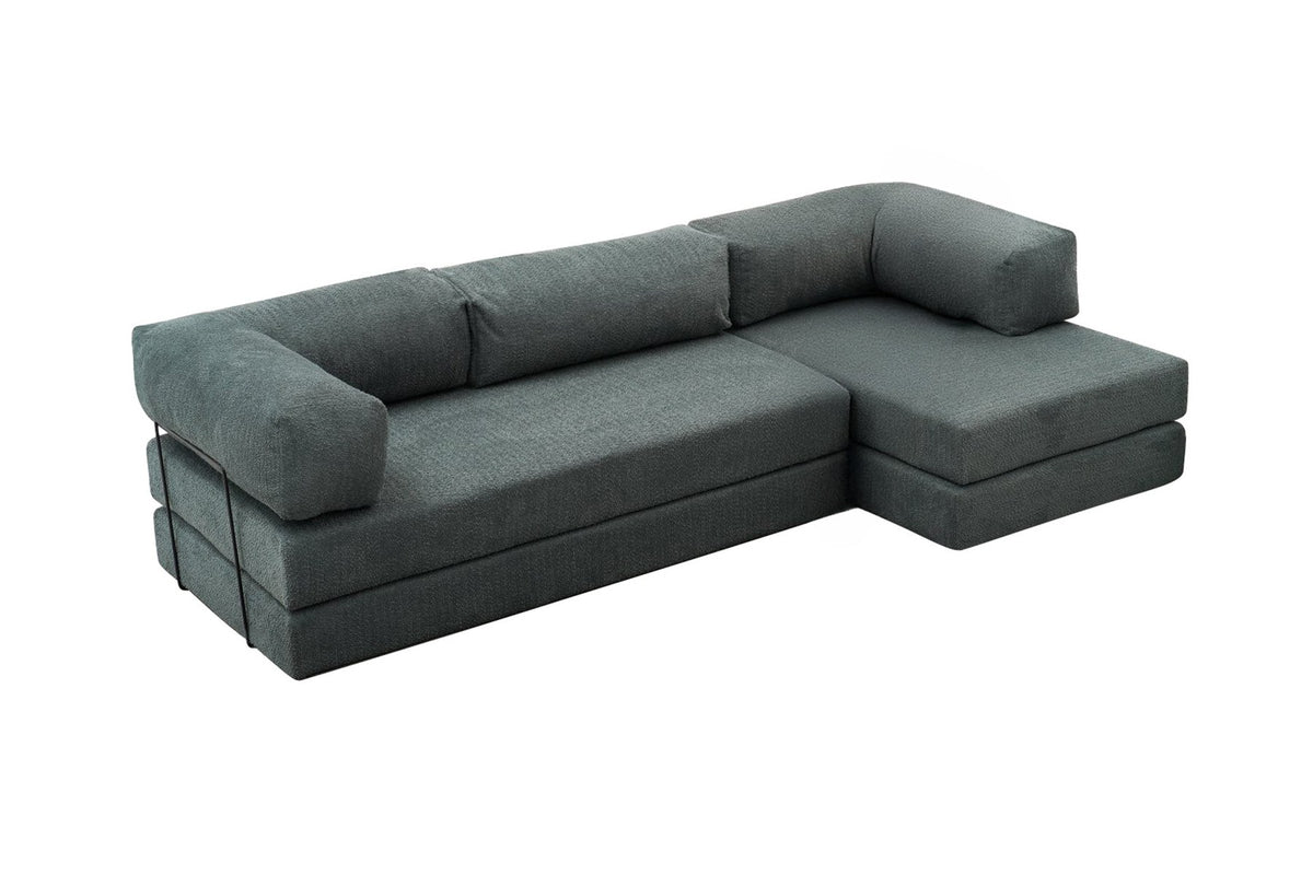 Grünes Ecksofa Comfort von Atelier Del Sofa mit Chenille-Bezug, L-Form, sichtbare Polsterung und Sitzfläche aus Weichschaum.