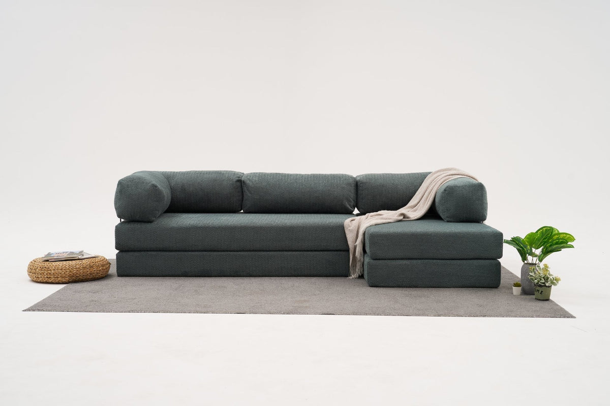 Grünes Ecksofa Comfort von Atelier Del Sofa mit Chenille-Bezug, L-Form, sichtbare Polsterung und Sitzfläche aus Weichschaum.
