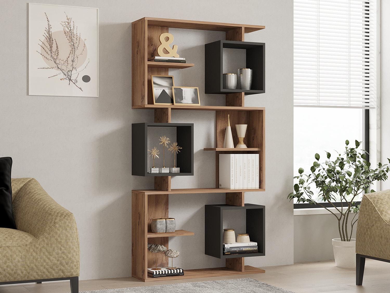 Icardi - Atlantic Pine, Anthracite in Atlantische Kiefer
 Anthrazit präsentiert im Onlineshop von KAQTU Design AG. Bücherregal ist von Hanah Home