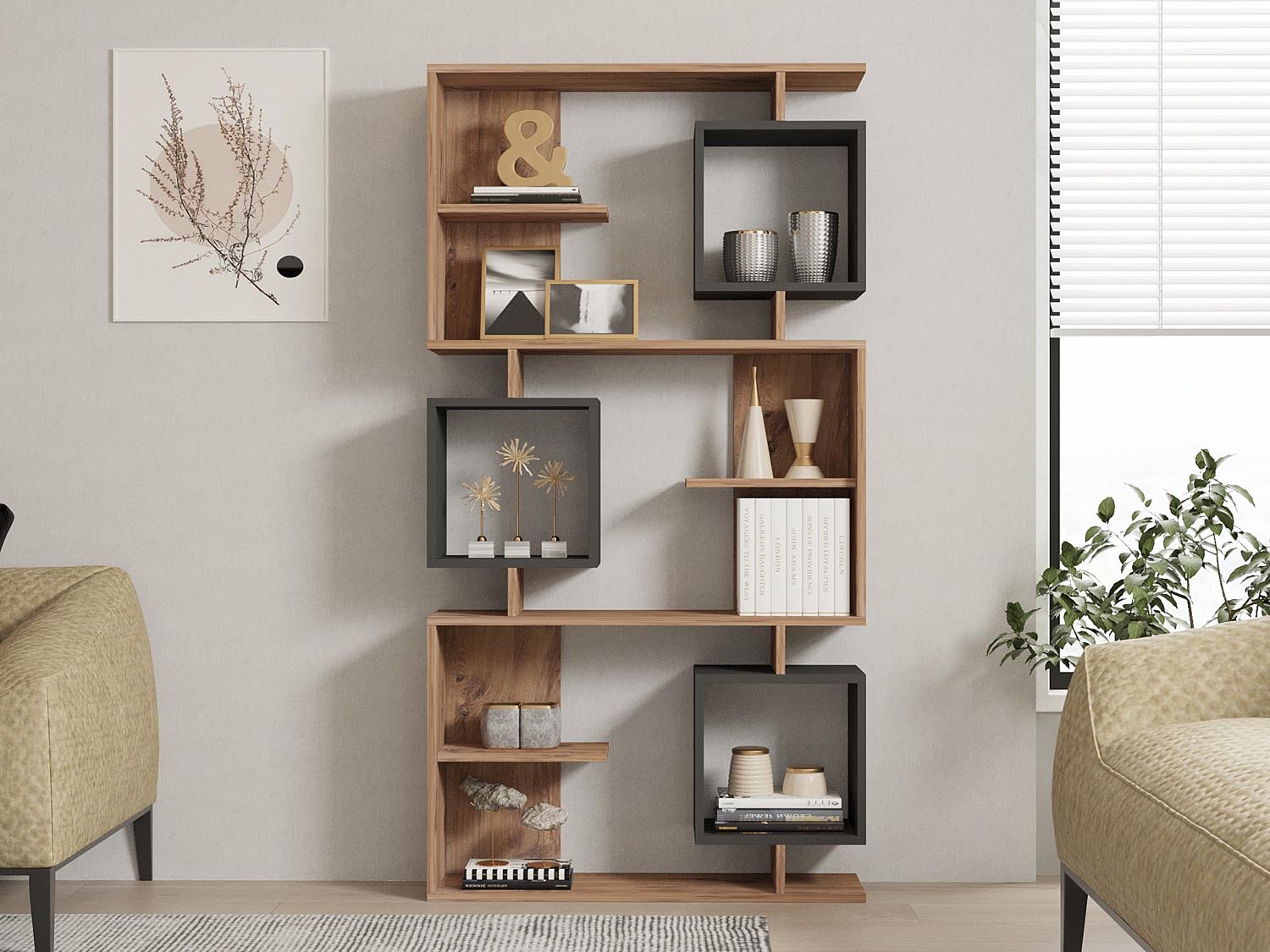 Icardi - Atlantic Pine, Anthracite in Atlantische Kiefer
 Anthrazit präsentiert im Onlineshop von KAQTU Design AG. Bücherregal ist von Hanah Home