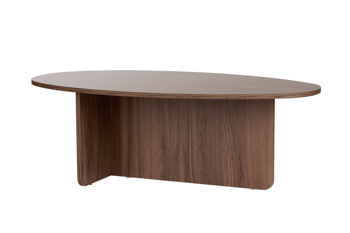 Foto eines rechteckigen Couchtischs in Venezia-Nussbaum-Optik aus melaminbeschichteter Spanplatte mit schlichtem, geradlinigem Design.