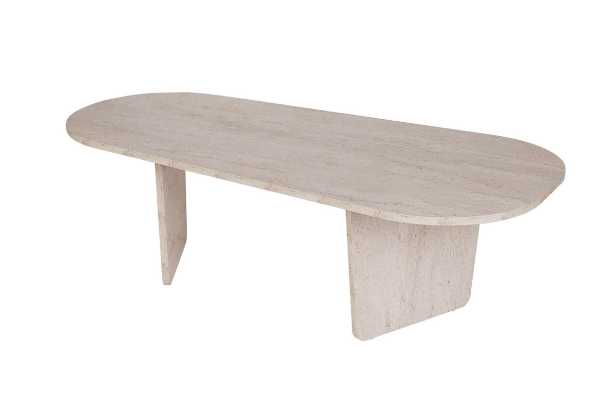 Ovaler Couchtisch aus melaminbeschichteter Spanplatte in Travertin-Farbe, Masse 130 x 65 x 40 cm, Hersteller Nordure.
