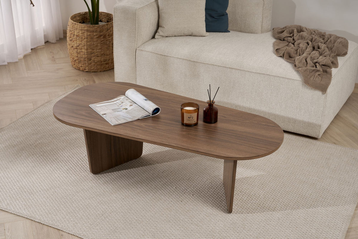 Ovaler Couchtisch in Nussbaumfarbe mit Melaminbeschichtung, Masse 130 x 65 x 40 cm, Modell Ovalis von Nordure.