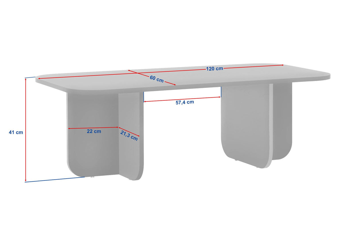 Rechteckiger Couchtisch Akira in Saphir-Eiche mit melaminbeschichteter Spanplattenoberfläche, schlichte Form, 120 cm breit und 41 cm hoch.