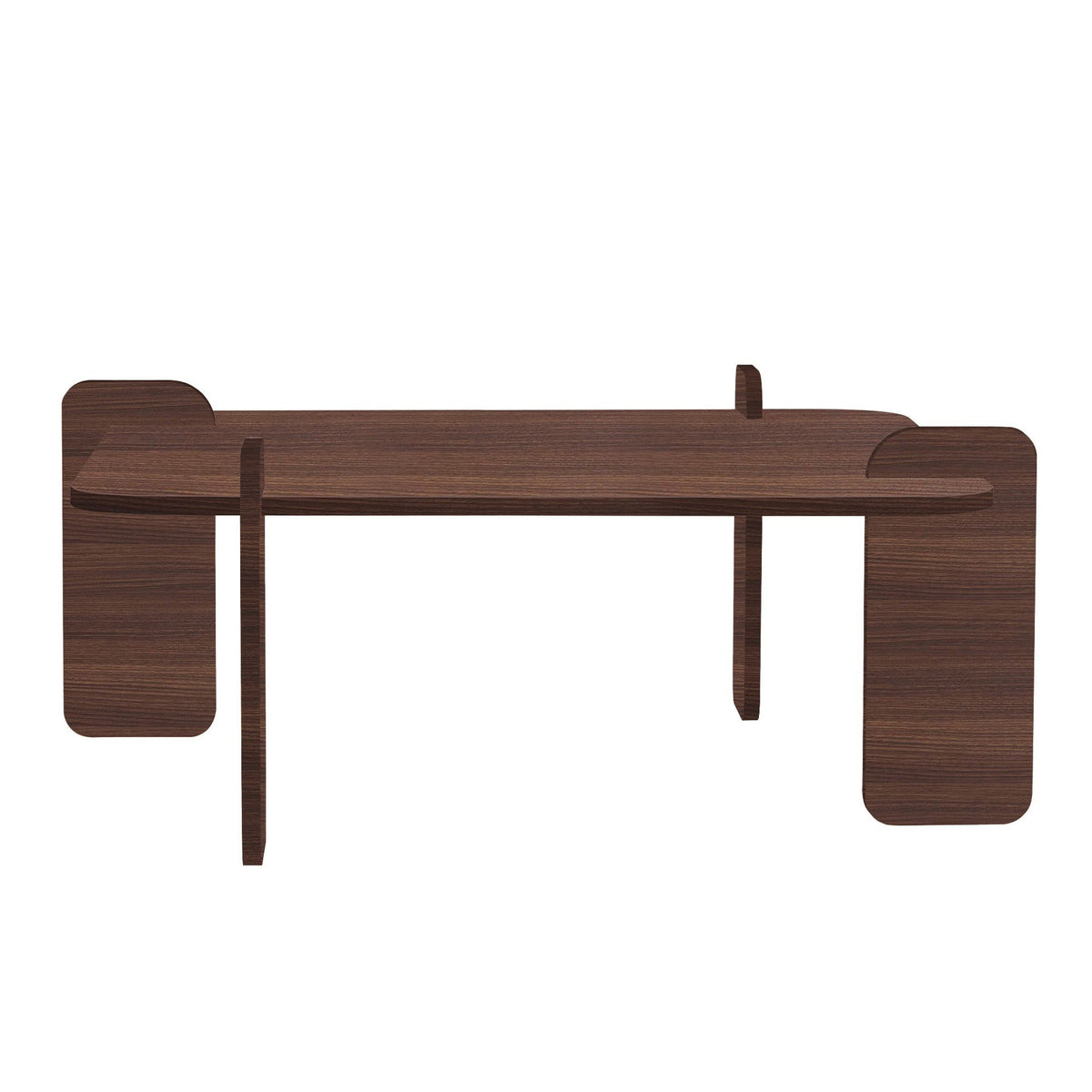 Quadratischer Couchtisch aus melaminbeschichteter Spanplatte in Nussbaum-Optik, Abmessungen 117 x 117 x 35 cm, Modell Marais von Nordure.