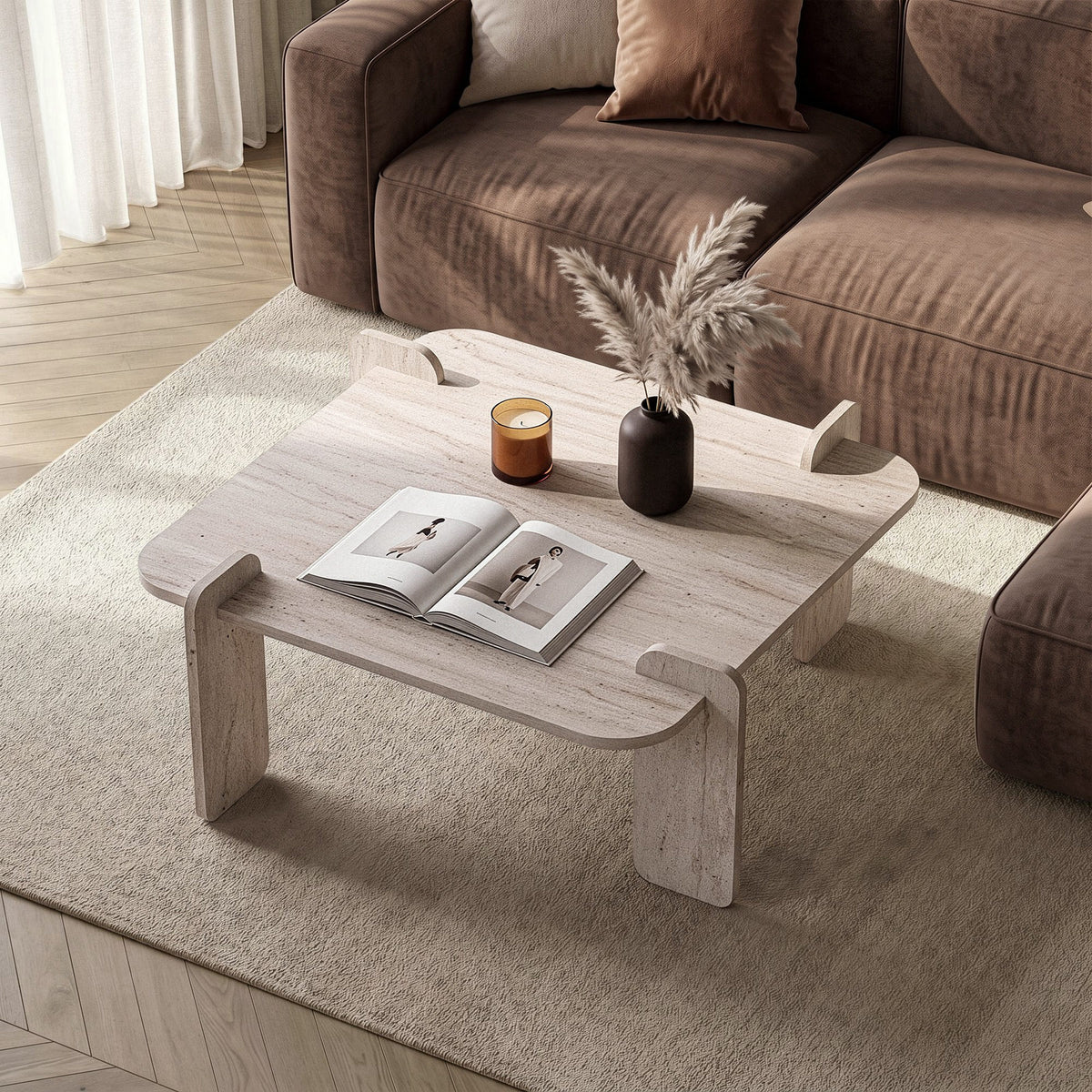 Quadratischer Couchtisch Marais von Nordure in Travertin-Optik, melaminbeschichtete Spanplatte, schlichtes Design mit gerader Tischplatte