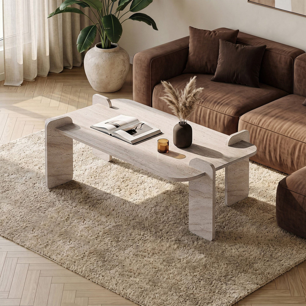 Renard Couchtisch von Nordure in Travertin-Optik, rechteckige Form, Spanplatte mit Melaminbeschichtung, Masse 147 x 87 x 35 cm.
