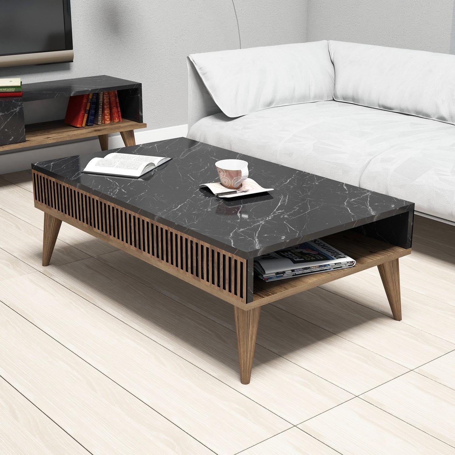 Milan - Walnut, Black in Walnuss Schwarz präsentiert im Onlineshop von KAQTU Design AG. Beistelltisch ist von Hanah Home