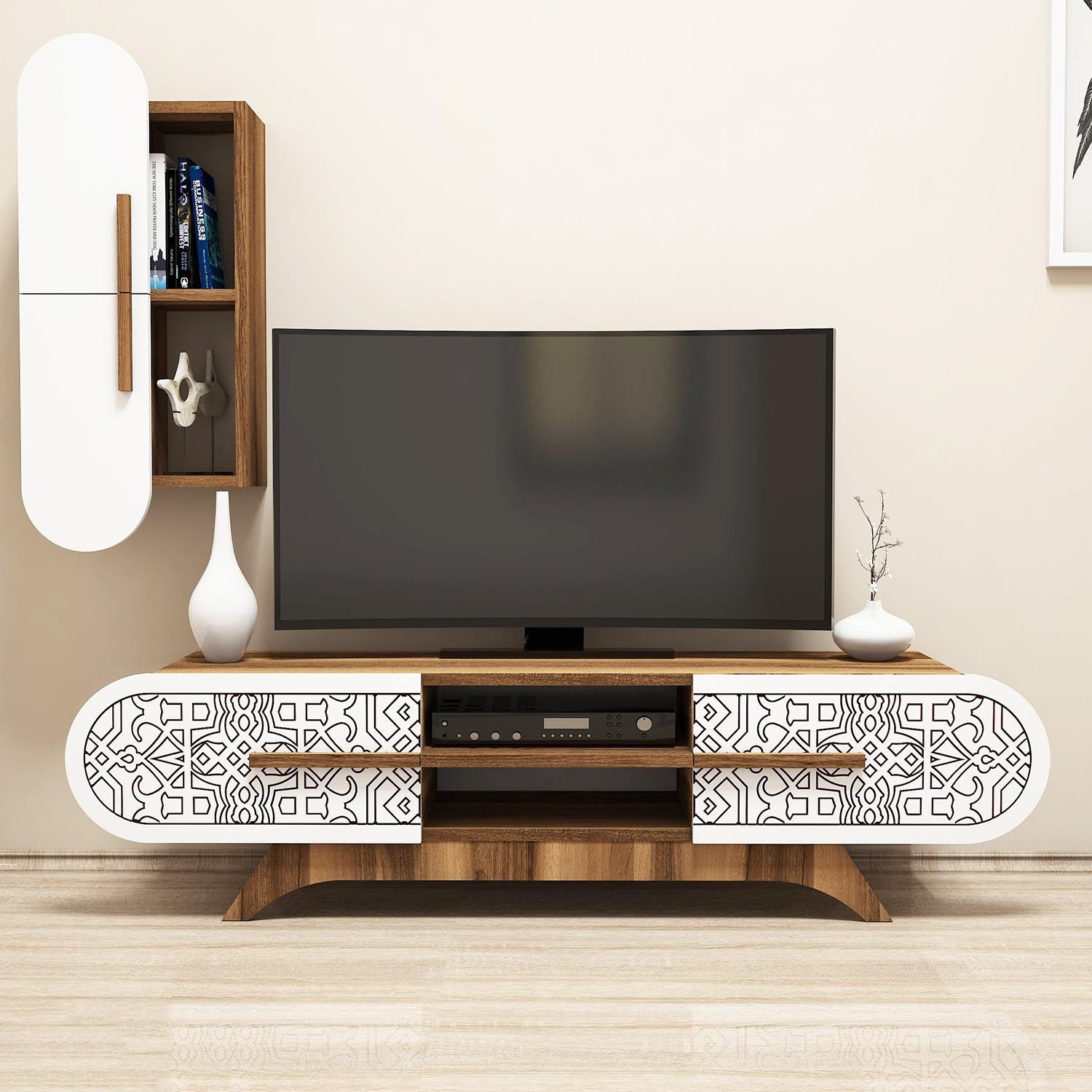 Defne - Walnut, White in Walnuss Weiss präsentiert im Onlineshop von KAQTU Design AG. TV-Möbel ist von Hanah Home