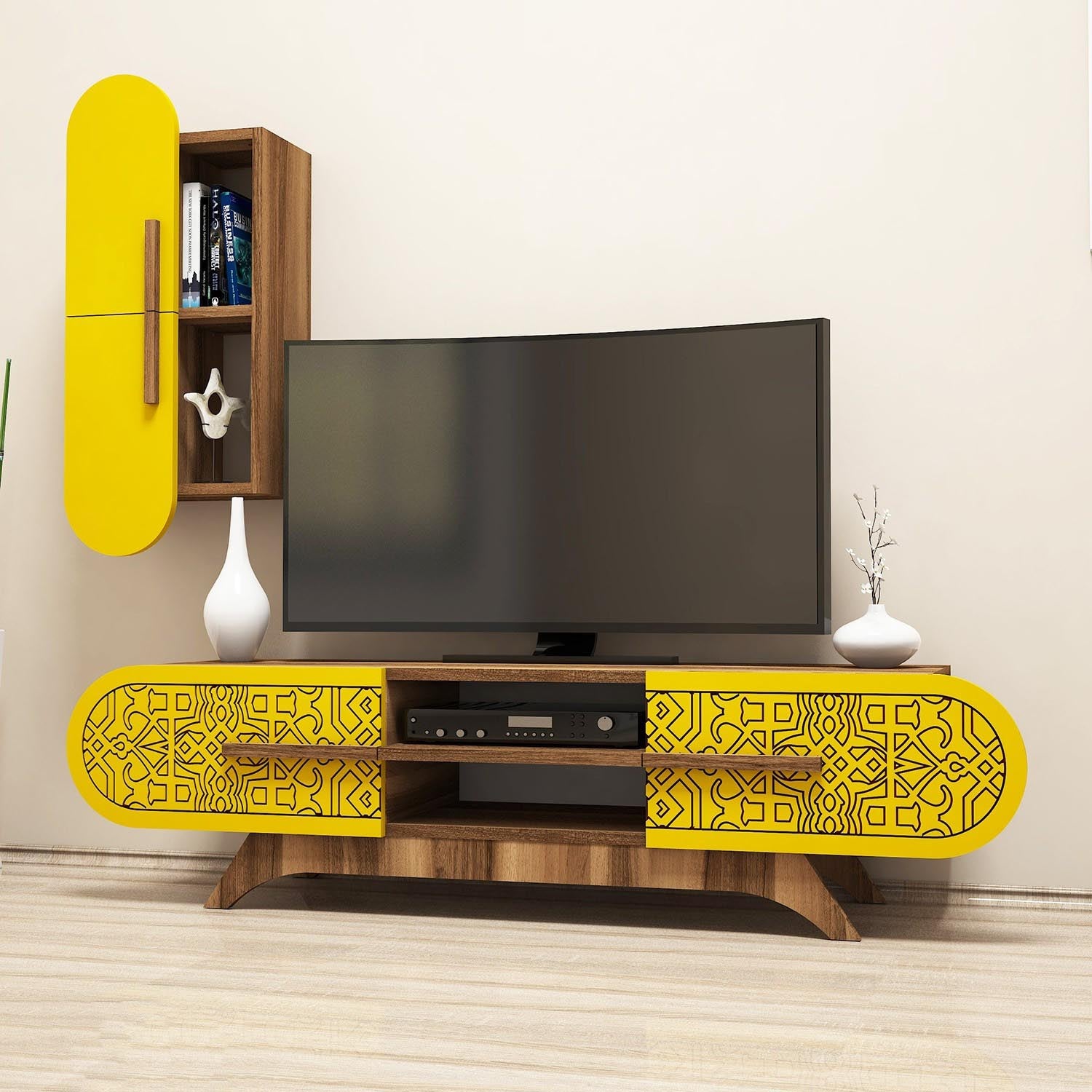 Defne - Walnut, Yellow in Walnuss
 Gelb präsentiert im Onlineshop von KAQTU Design AG. TV-Möbel ist von Hanah Home