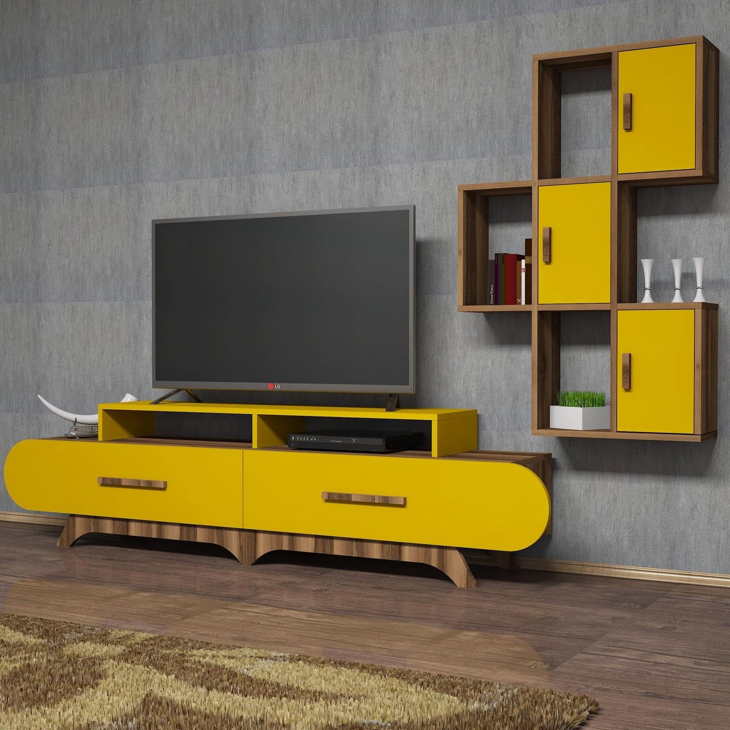 Flora S - Walnut, Yellow in Walnuss
 Gelb präsentiert im Onlineshop von KAQTU Design AG. TV-Möbel ist von Hanah Home