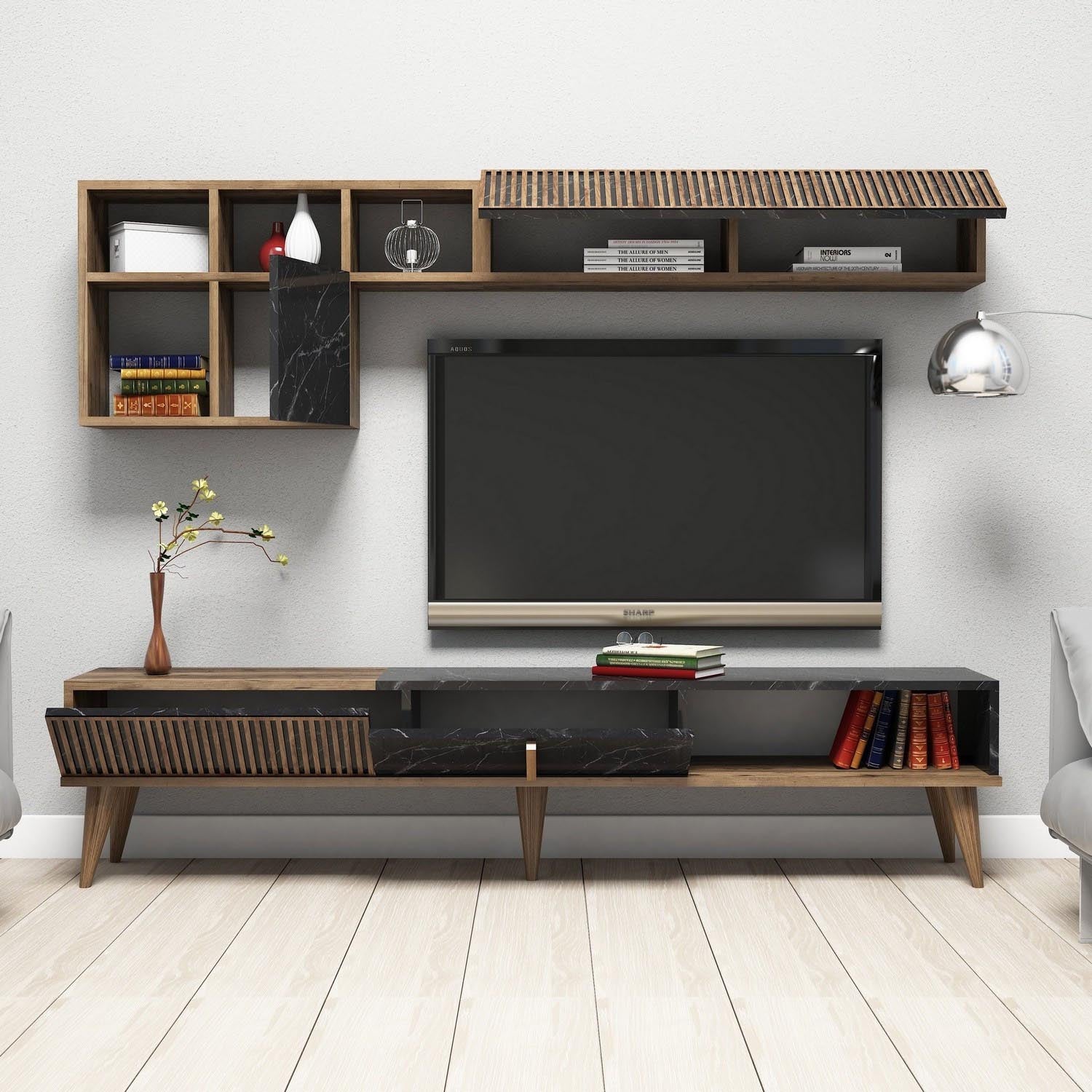 Milan - Walnut, Black in Walnuss Schwarz präsentiert im Onlineshop von KAQTU Design AG. TV-Möbel ist von Hanah Home