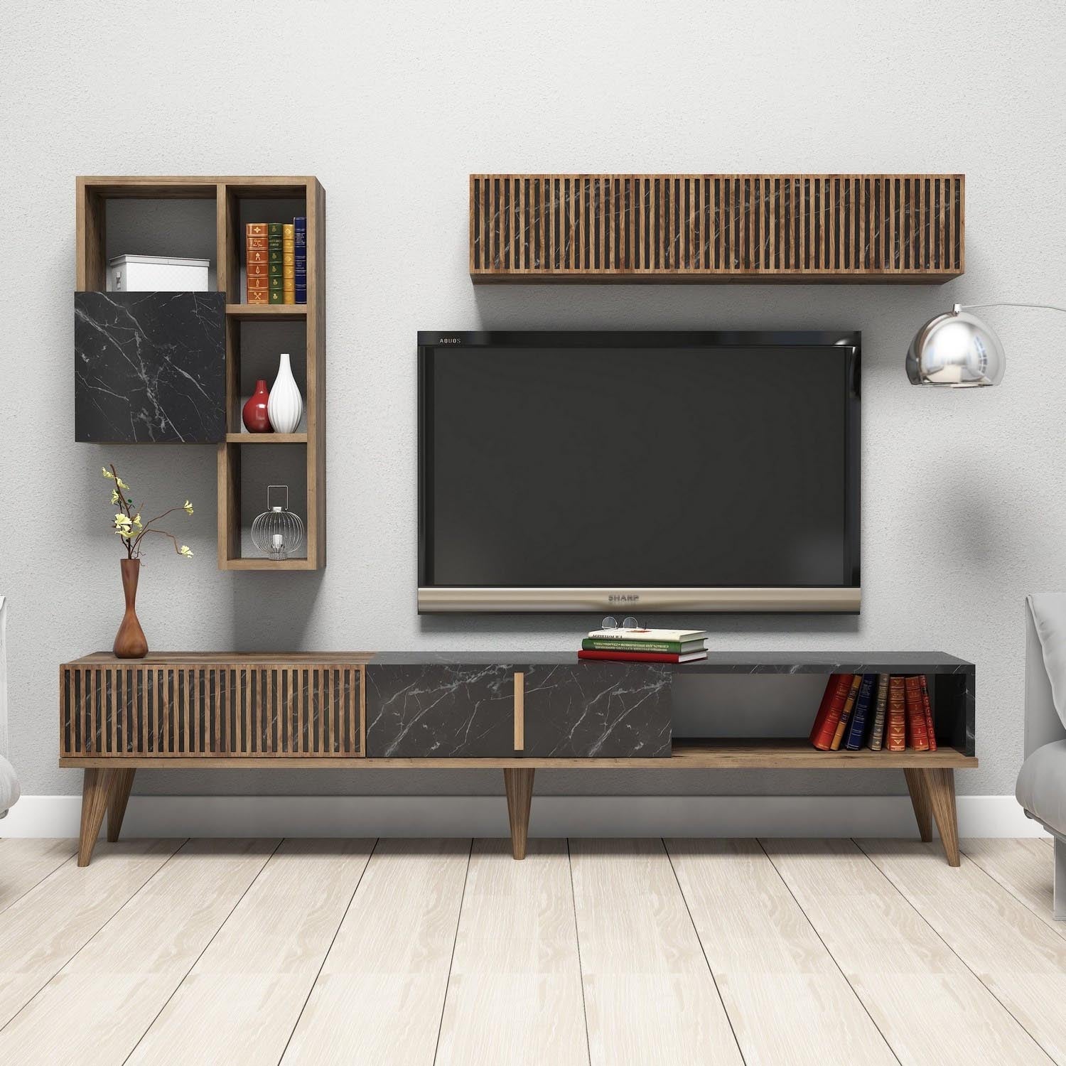 Milan - Walnut, Black in Walnuss Schwarz präsentiert im Onlineshop von KAQTU Design AG. TV-Möbel ist von Hanah Home