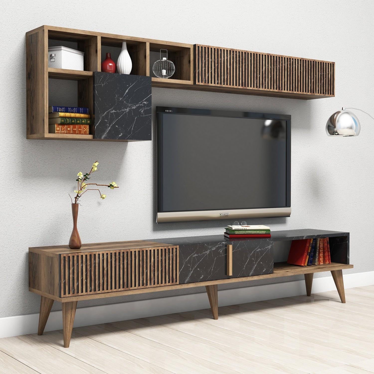 Milan - Walnut, Black in Walnuss Schwarz präsentiert im Onlineshop von KAQTU Design AG. TV-Möbel ist von Hanah Home