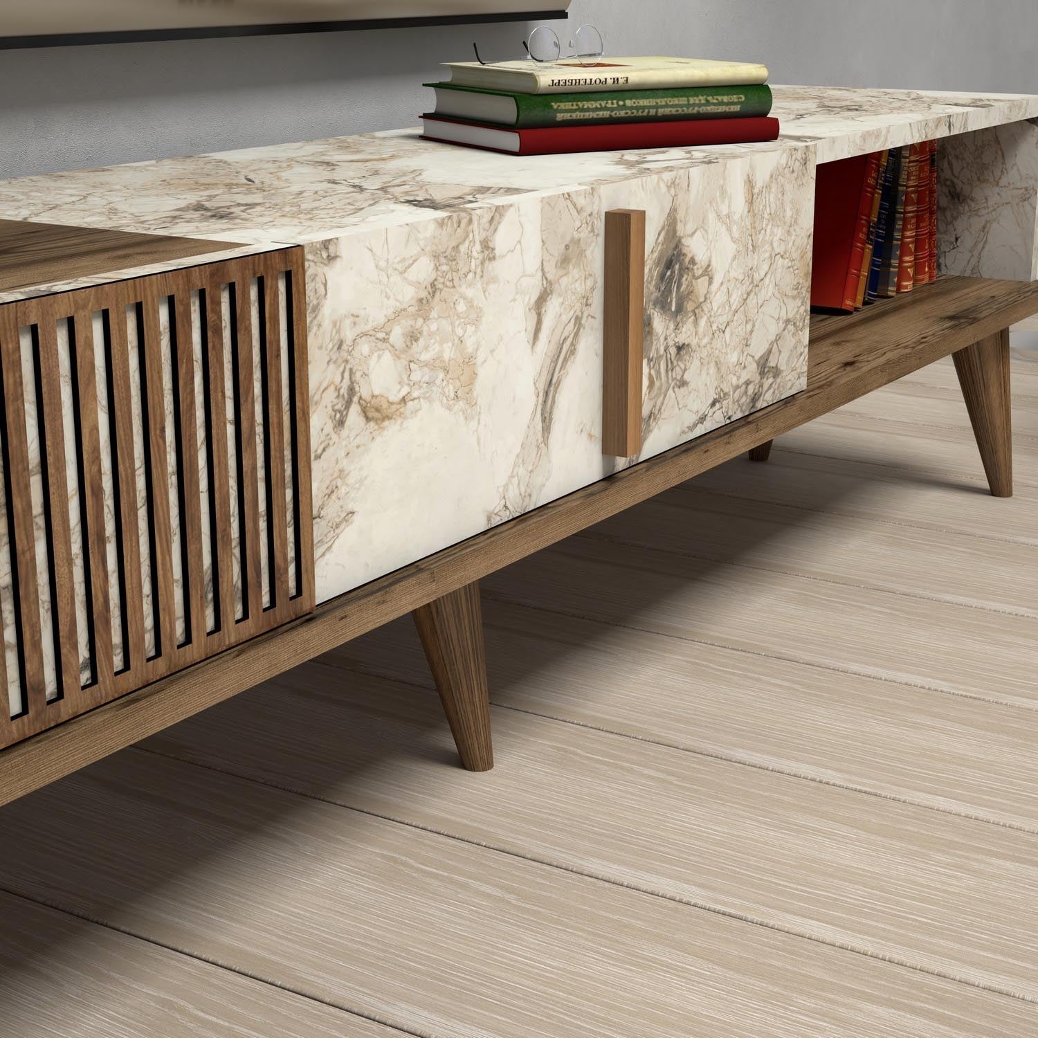 Milan - Walnut, White Marble in Walnuss Weiss präsentiert im Onlineshop von KAQTU Design AG. Sideboard ist von Hanah Home
