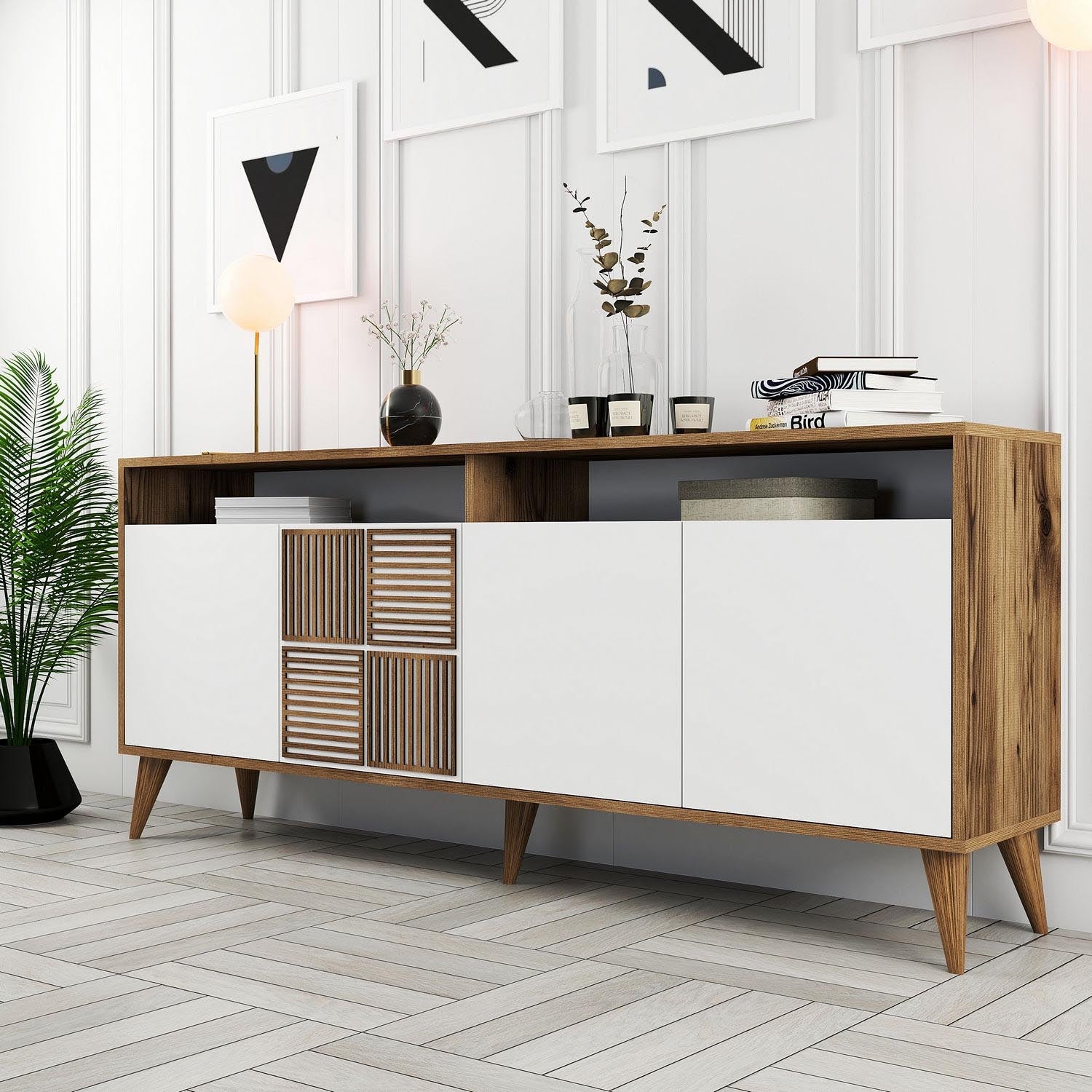 Milan - Walnut, White in Walnuss Weiss präsentiert im Onlineshop von KAQTU Design AG. High-Sideboard ist von Hanah Home