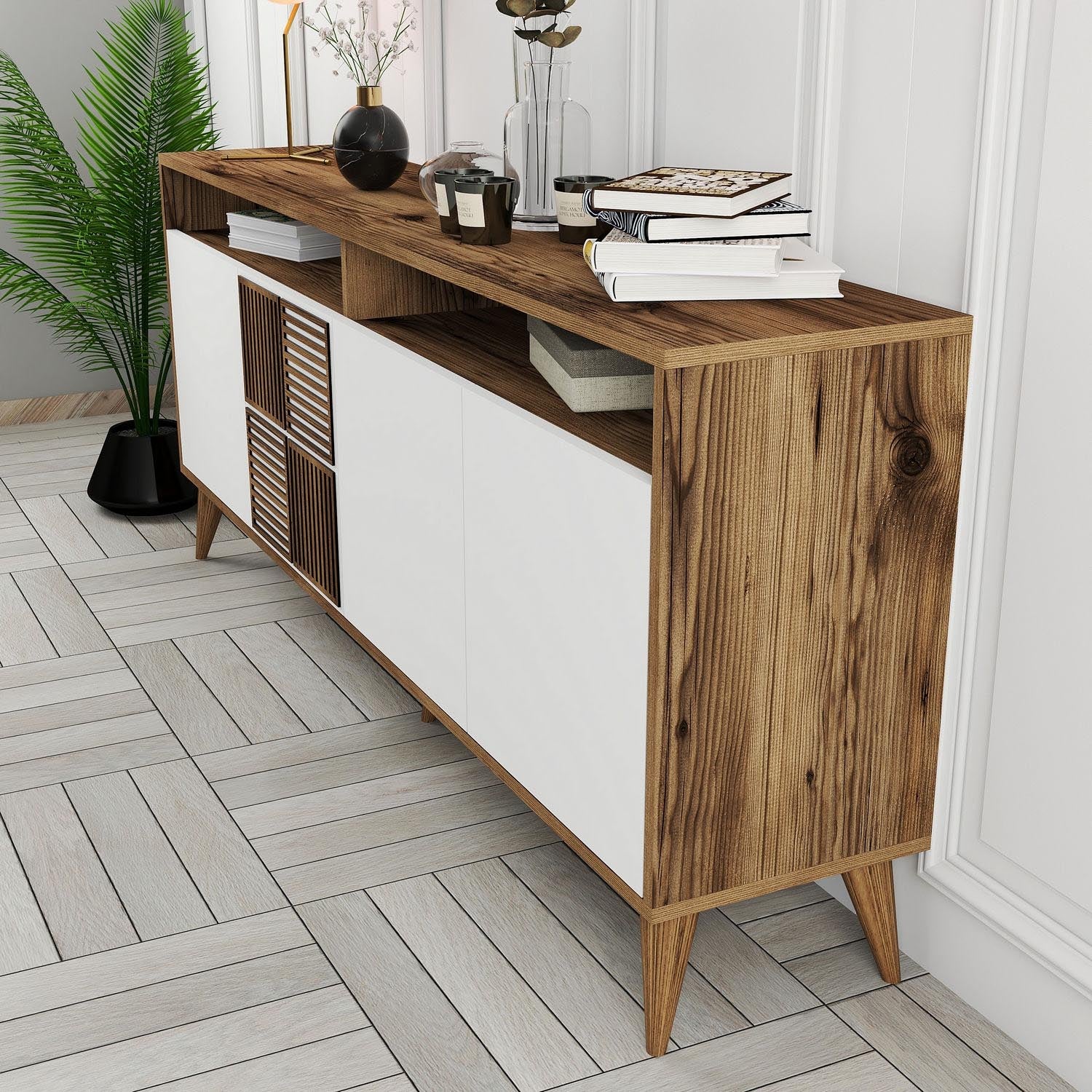 Milan - Walnut, White in Walnuss Weiss präsentiert im Onlineshop von KAQTU Design AG. High-Sideboard ist von Hanah Home