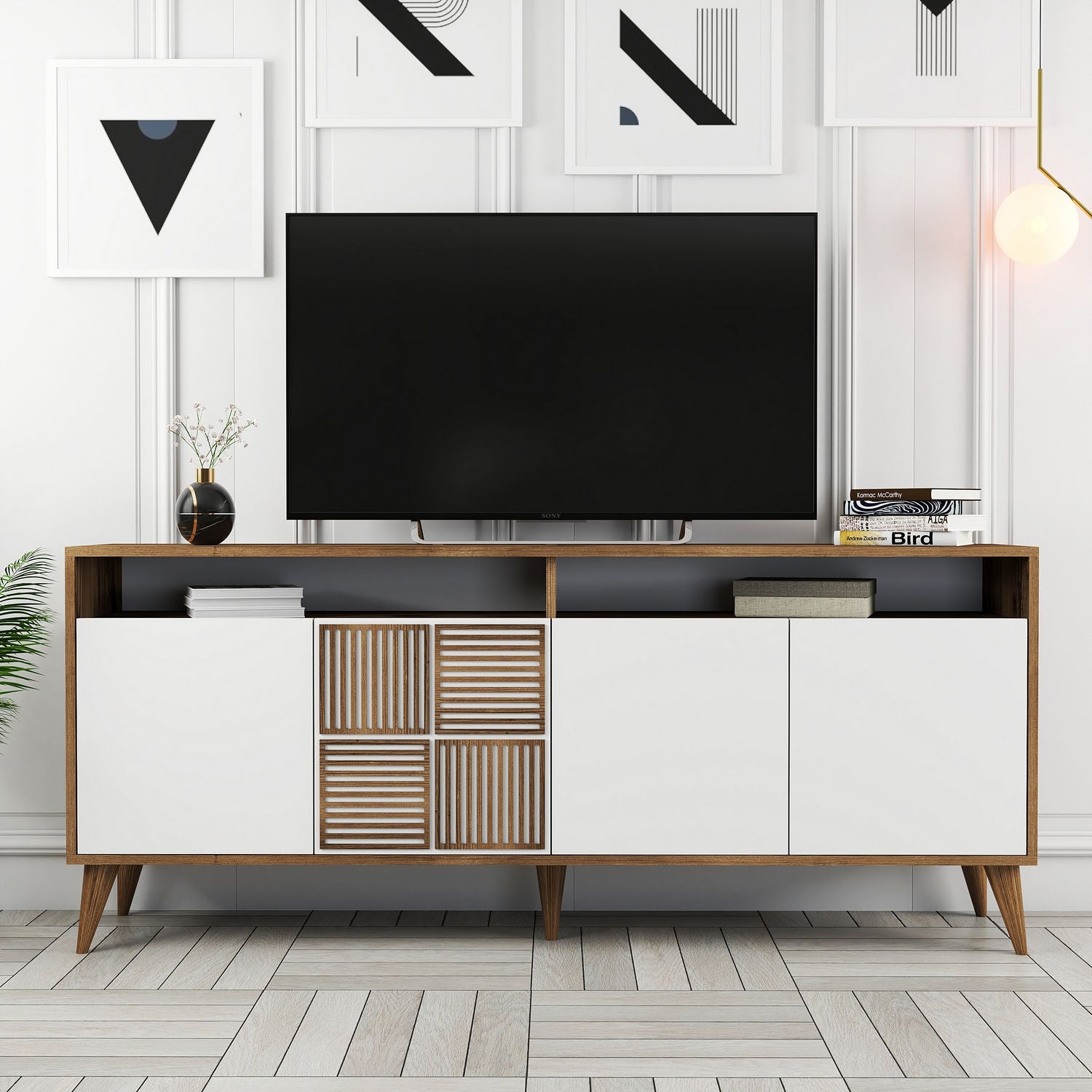 Milan - Walnut, White in Walnuss Weiss präsentiert im Onlineshop von KAQTU Design AG. High-Sideboard ist von Hanah Home