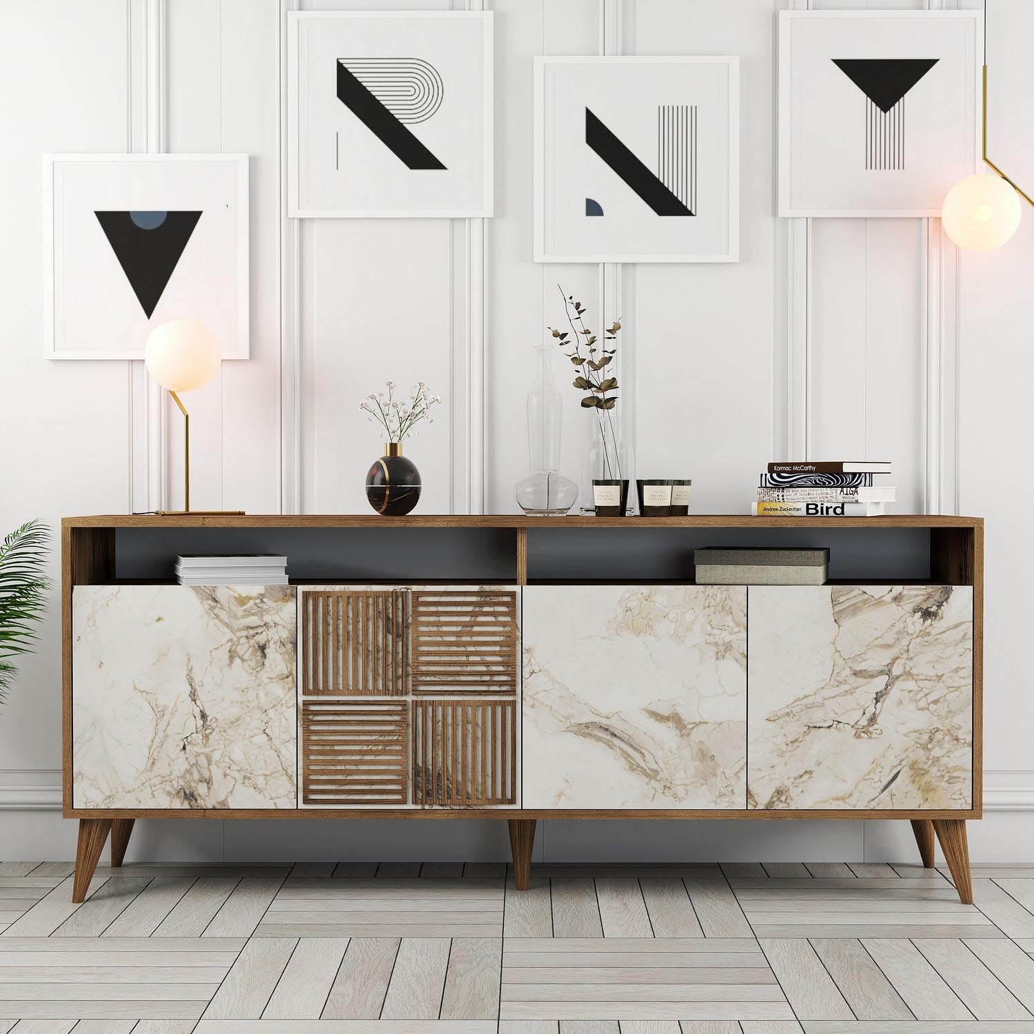 Milan - Walnut, White Marble in Walnuss Weiss präsentiert im Onlineshop von KAQTU Design AG. High-Sideboard ist von Hanah Home