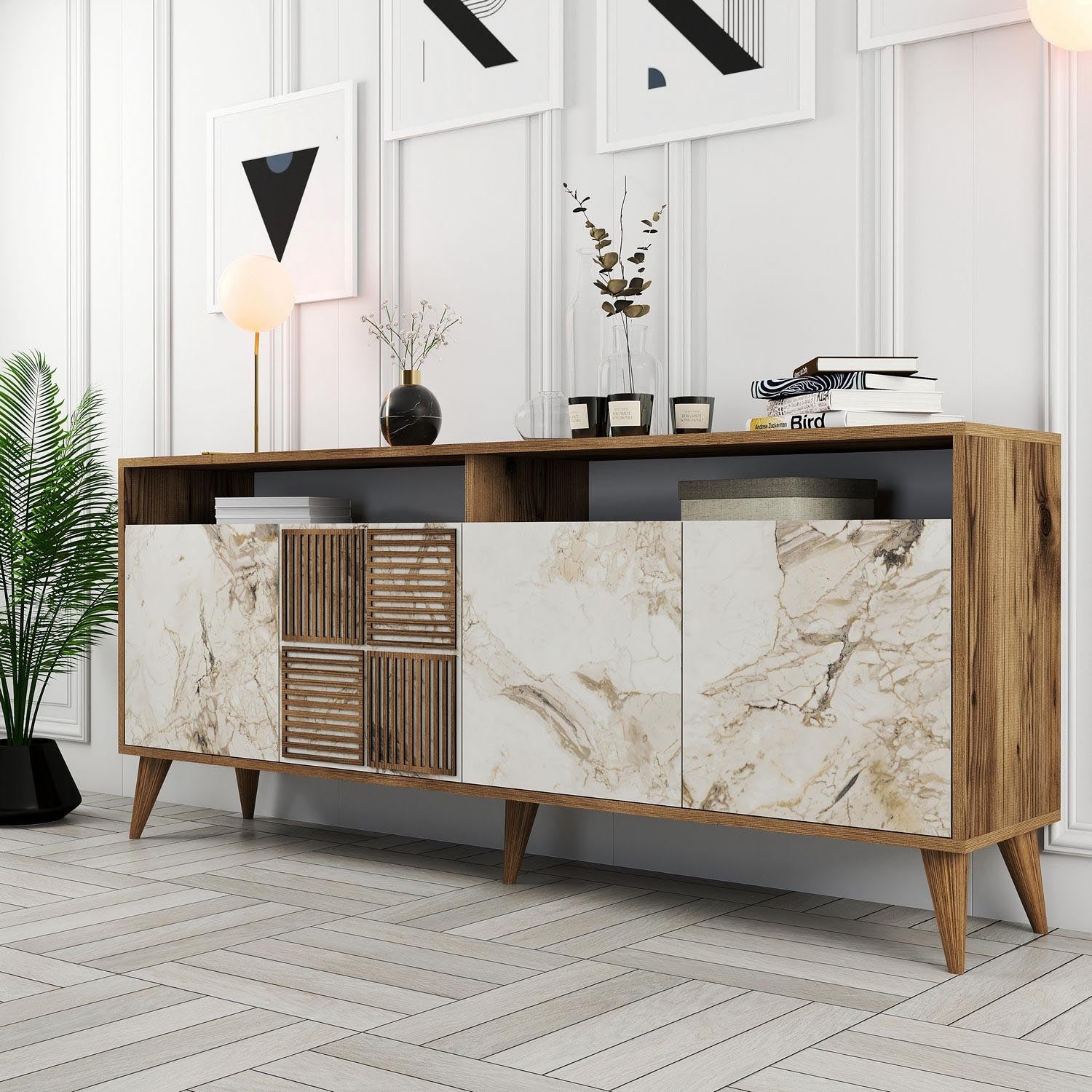 Milan - Walnut, White Marble in Walnuss Weiss präsentiert im Onlineshop von KAQTU Design AG. High-Sideboard ist von Hanah Home