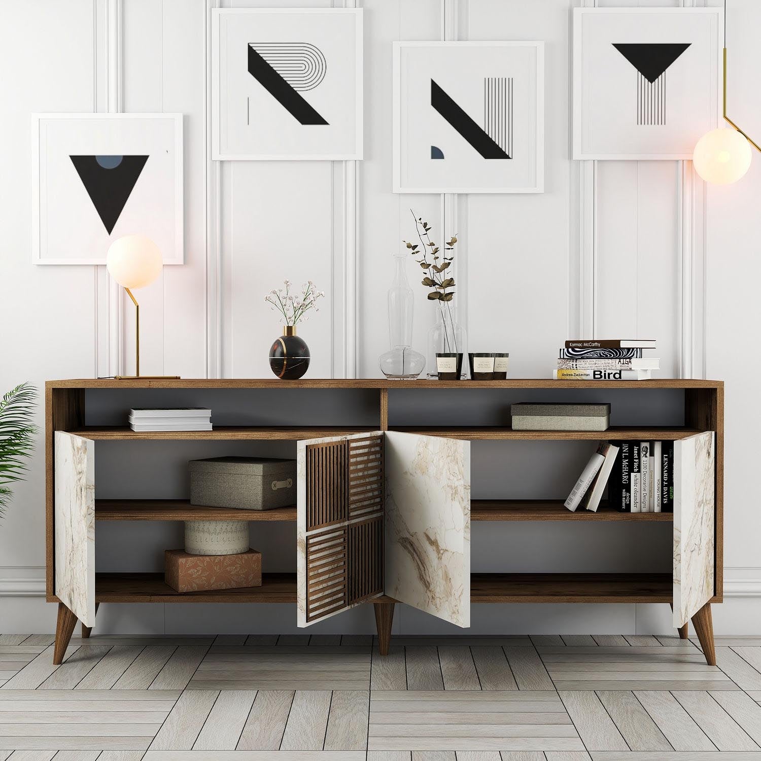 Milan - Walnut, White Marble in Walnuss Weiss präsentiert im Onlineshop von KAQTU Design AG. High-Sideboard ist von Hanah Home