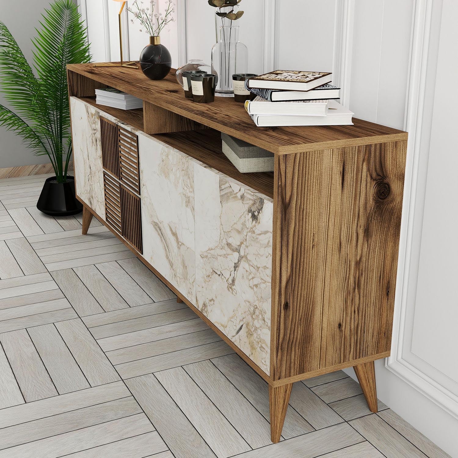 Milan - Walnut, White Marble in Walnuss Weiss präsentiert im Onlineshop von KAQTU Design AG. High-Sideboard ist von Hanah Home