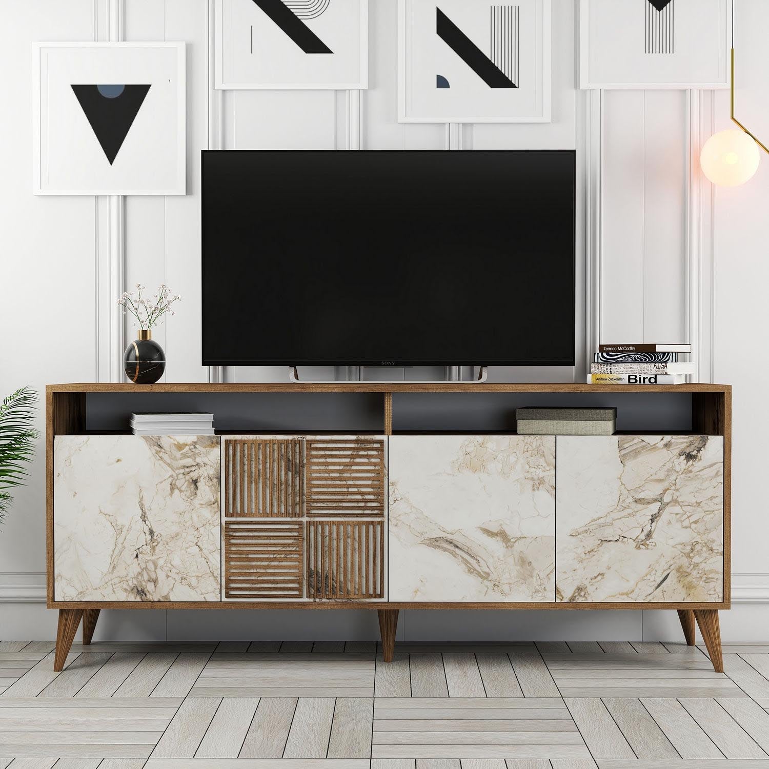Milan - Walnut, White Marble in Walnuss Weiss präsentiert im Onlineshop von KAQTU Design AG. High-Sideboard ist von Hanah Home