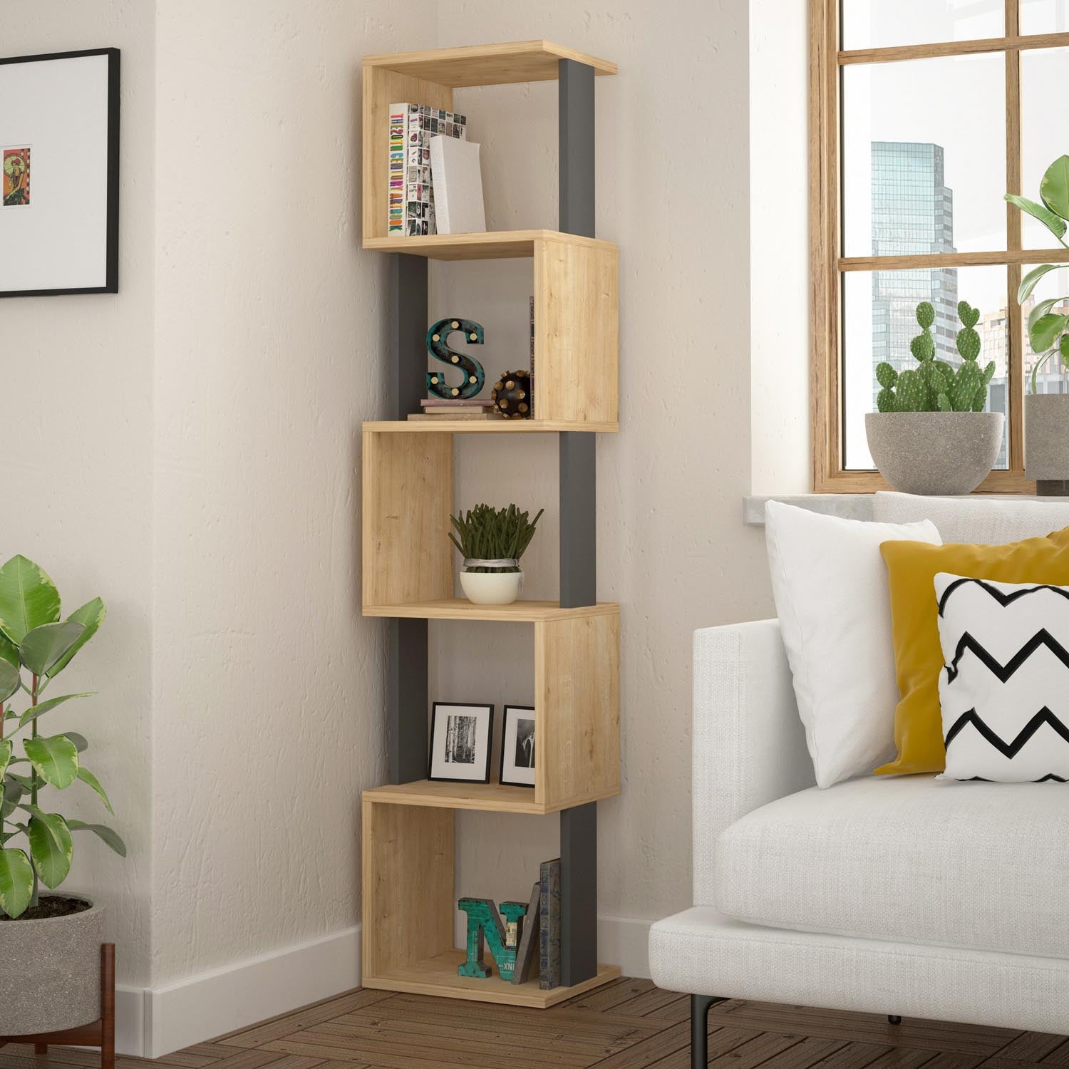 Piri - Sonoma Oak, Anthracite in Sonoma Eiche Anthrazit präsentiert im Onlineshop von KAQTU Design AG. Bücherregal ist von Hanah Home