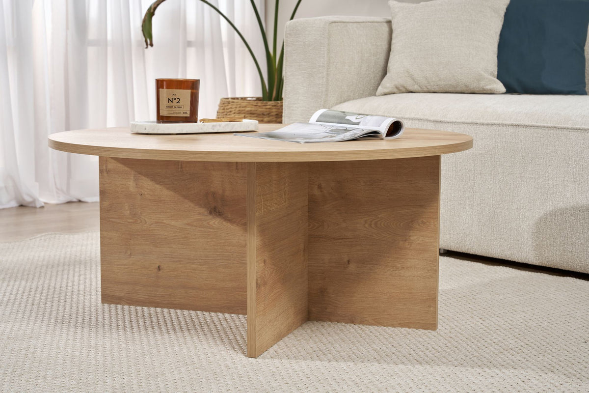 Quadratischer Couchtisch in Saphir-Eiche mit schlanker Tischplatte aus melaminbeschichteter Spanplatte, Masse 90x90x40 cm, Hersteller Nordure.
