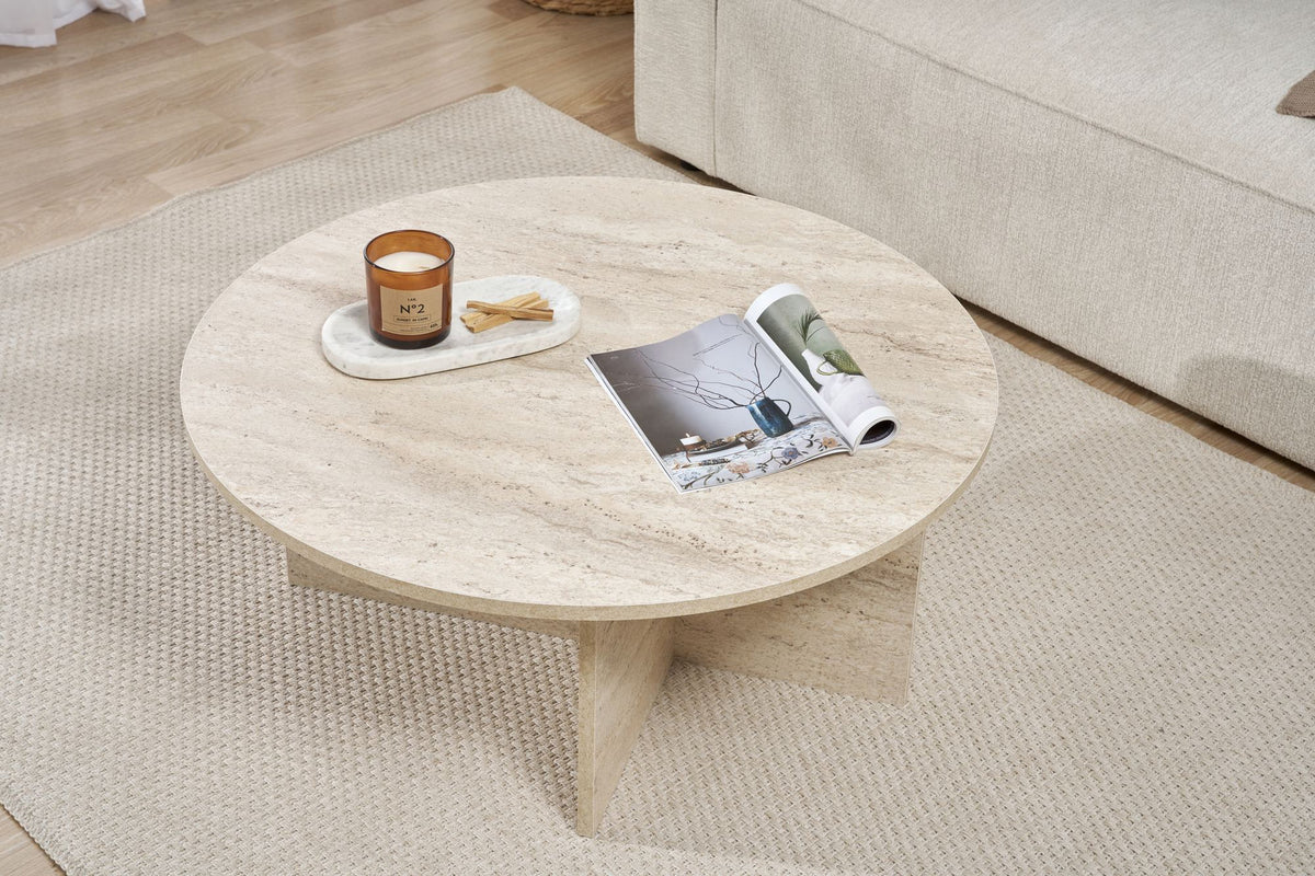 Quadratischer Couchtisch in Travertin-Optik aus melaminbeschichteter Spanplatte, schlichtes Design, Masse 90x90x40 cm, Hersteller Nordure.