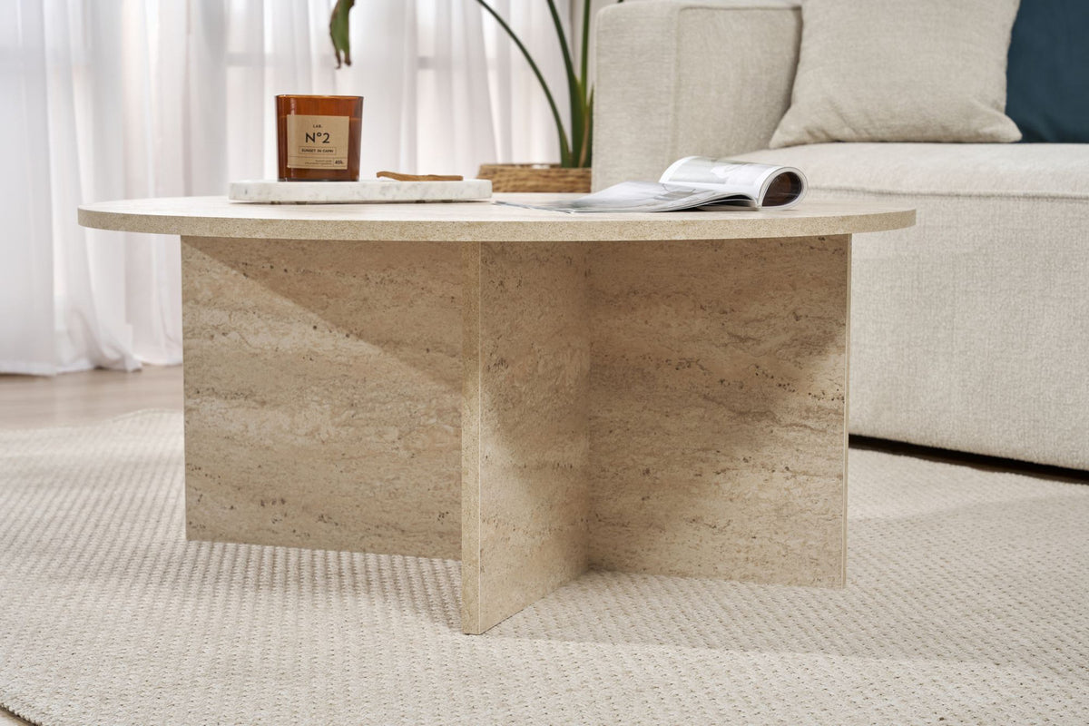 Quadratischer Couchtisch in Travertin-Optik aus melaminbeschichteter Spanplatte, schlichtes Design, Masse 90x90x40 cm, Hersteller Nordure.