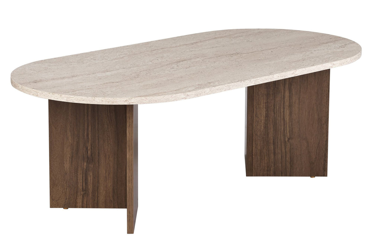 Couchtisch Sable von Nordure mit Tischplatte in Travertin-Optik und Gestell in Venezia-Walnuss-Optik, rechteckige Form, 119 x 60 x 40 cm.