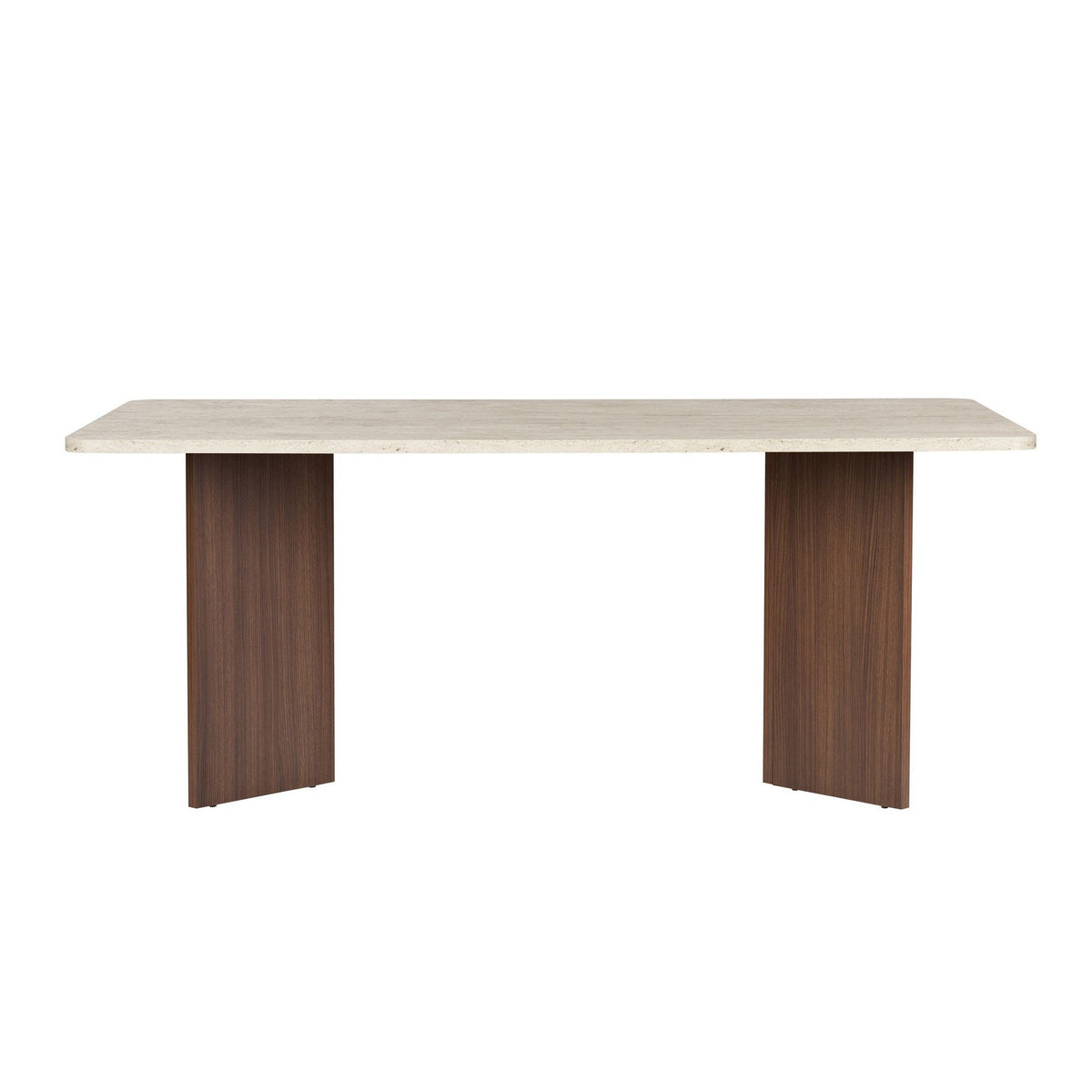 Esstisch Linza von Nordure mit Tischplatte in Travertin- und Milano-Nussbaum-Optik, Masse 180 x 90 x 75 cm, Spanplatte 25 mm stark.