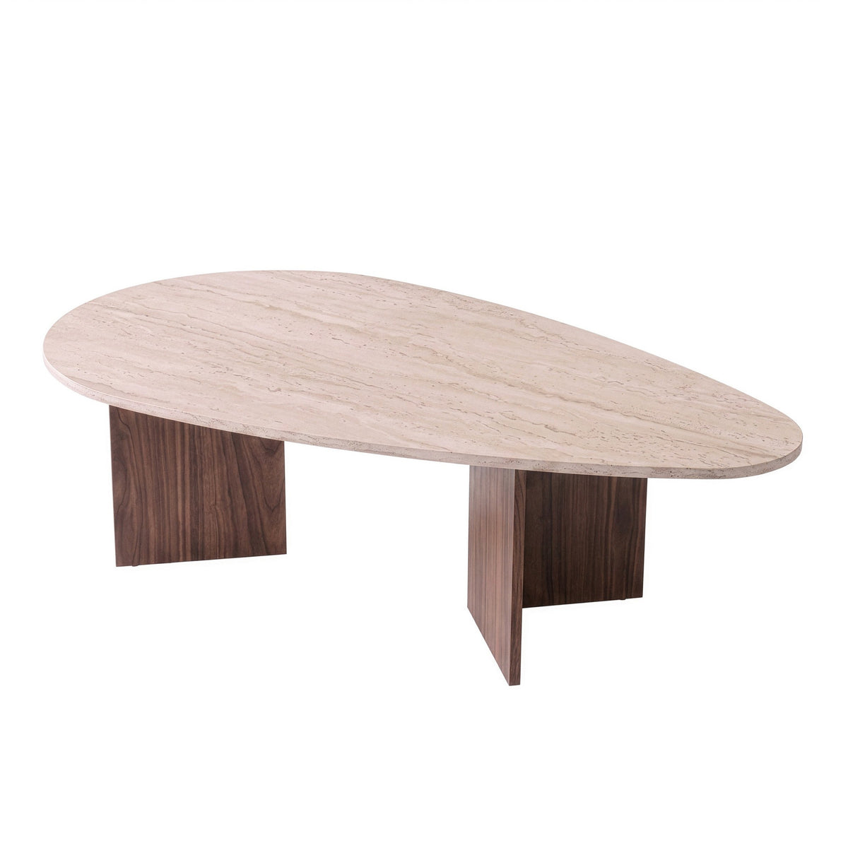 Couchtisch Flap von Hanah Home mit Tischplatte in Travertin-Optik und Gestell in Milano-Walnuss, rechteckige Form, Spanplattenbeine.