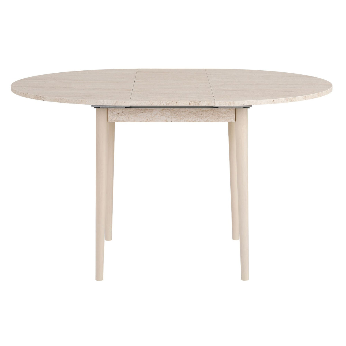 Ausziehbarer Esstisch mit heller Travertin-Optik Tischplatte und Holzbeinen in Eiche, rechteckige Form, skandinavisches Design.