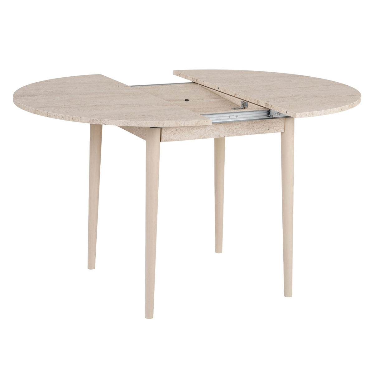 Ausziehbarer Esstisch mit heller Travertin-Optik Tischplatte und Holzbeinen in Eiche, rechteckige Form, skandinavisches Design.