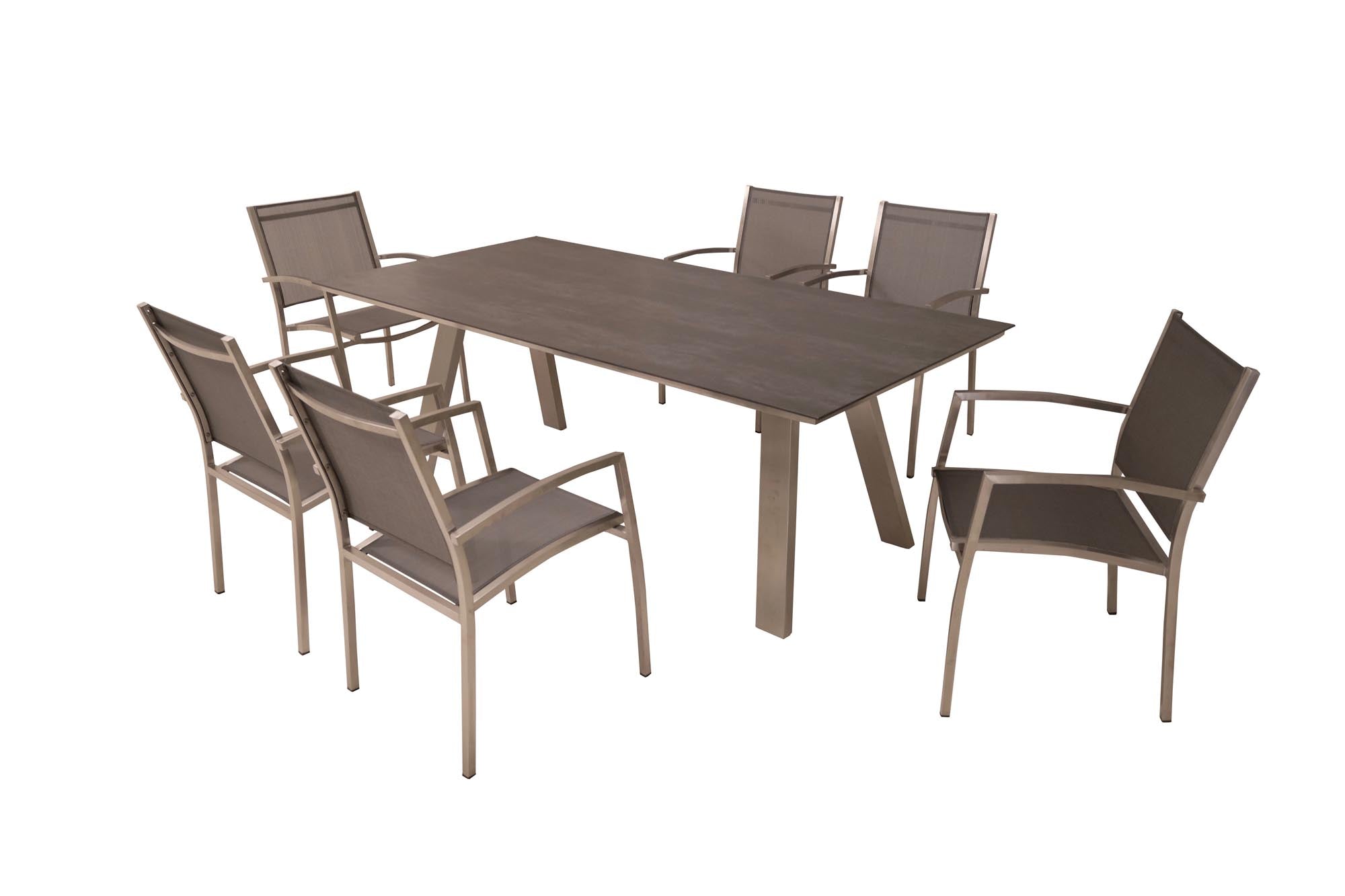 Moderner Gartentisch Monaco aus Edelstahl in A-Form, 210x100 cm, perfekt für Gartenpartys und entspannte Stunden im Freien.