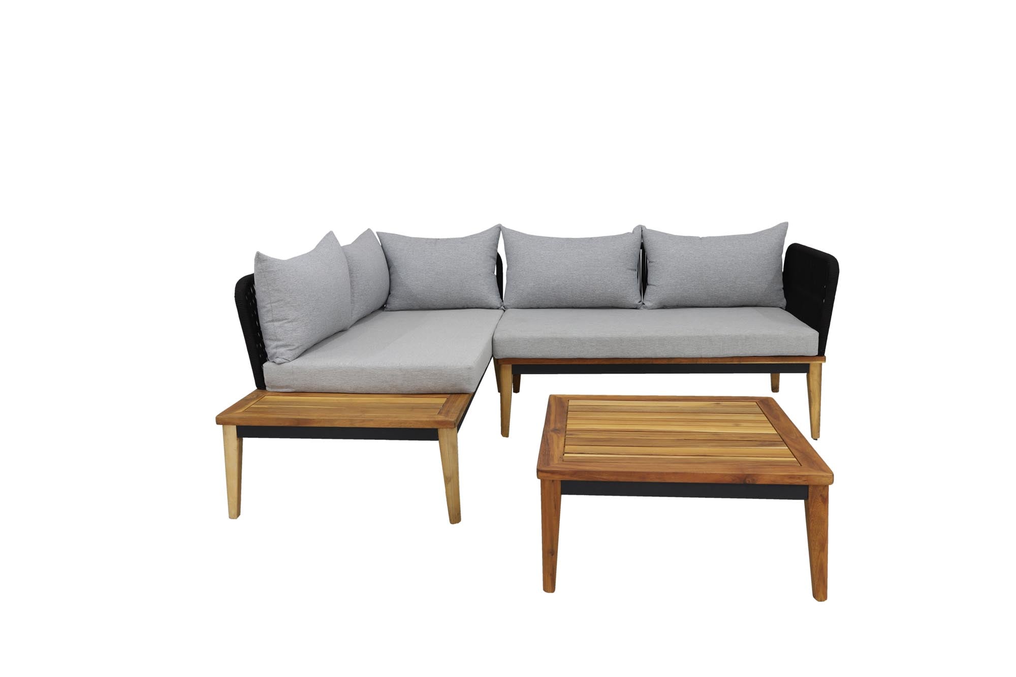 Elegante Gartenlounge Amalfi aus robustem Akazienholz, perfekt für gesellige Abende im Freien. Hochwertiges Loungeset von Be Garden.