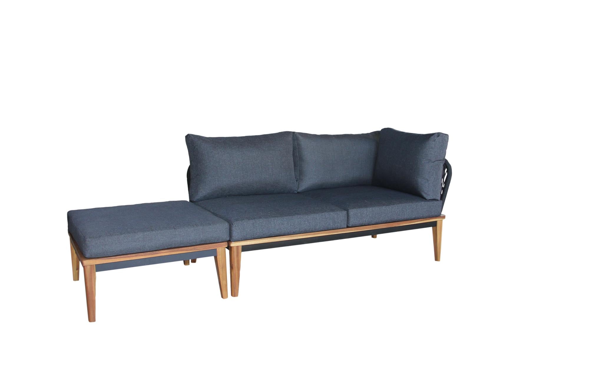 Kompakte Gartenlounge Bellinzona in elegantem Teak-Finish, bestehend aus einem 2er Sofa und Hocker, ideal für entspannte Stunden im Freien.