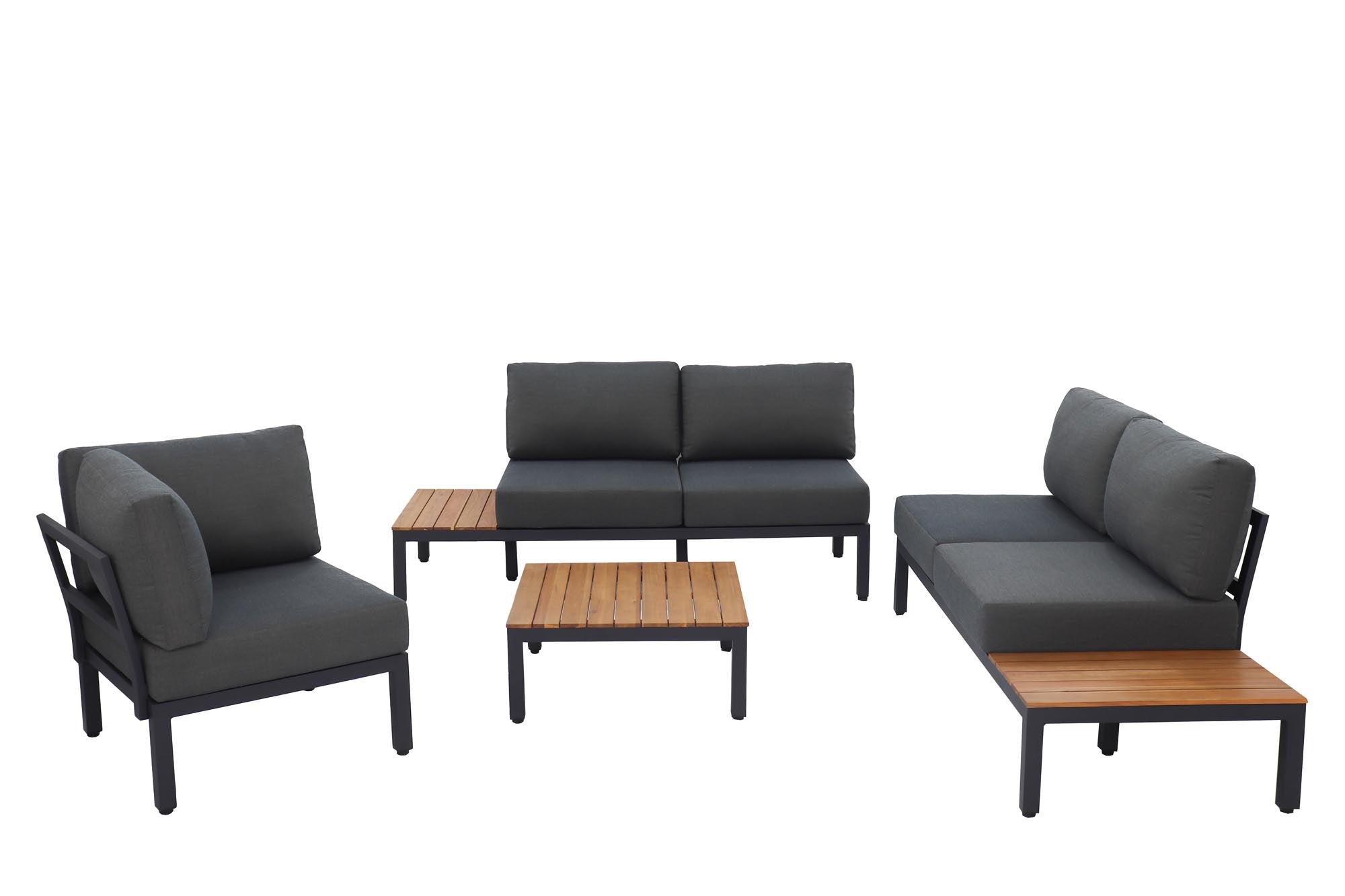 Moderne Gartenlounge Mendrisio mit stilvollem schwarzem Alugestell und warmem Akazienholz, perfekt für gemütliche Outdoor-Momente.